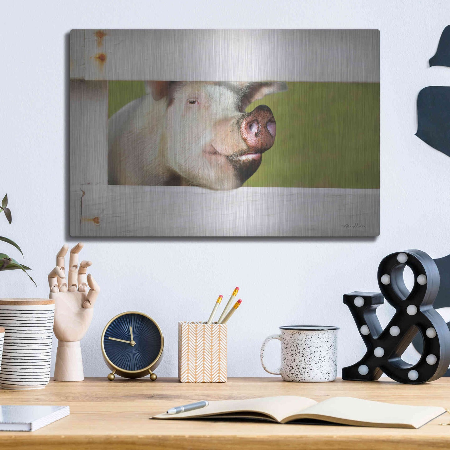 Luxe Metal Art 'Pig at Fence' by Lori Deiter, Metal Wall Art,16x12