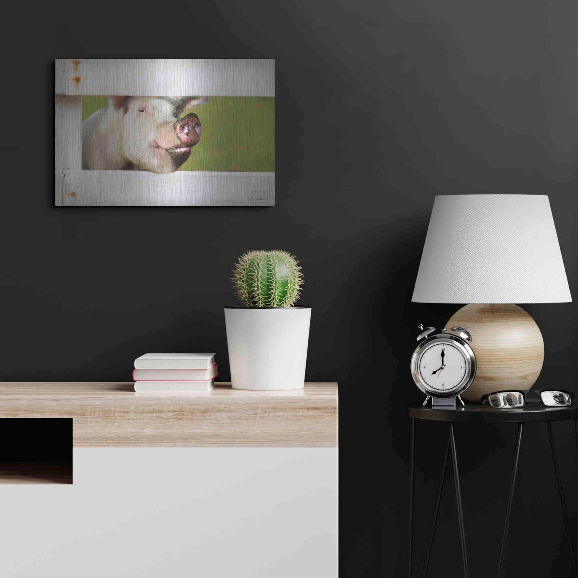Luxe Metal Art 'Pig at Fence' by Lori Deiter, Metal Wall Art,24x16
