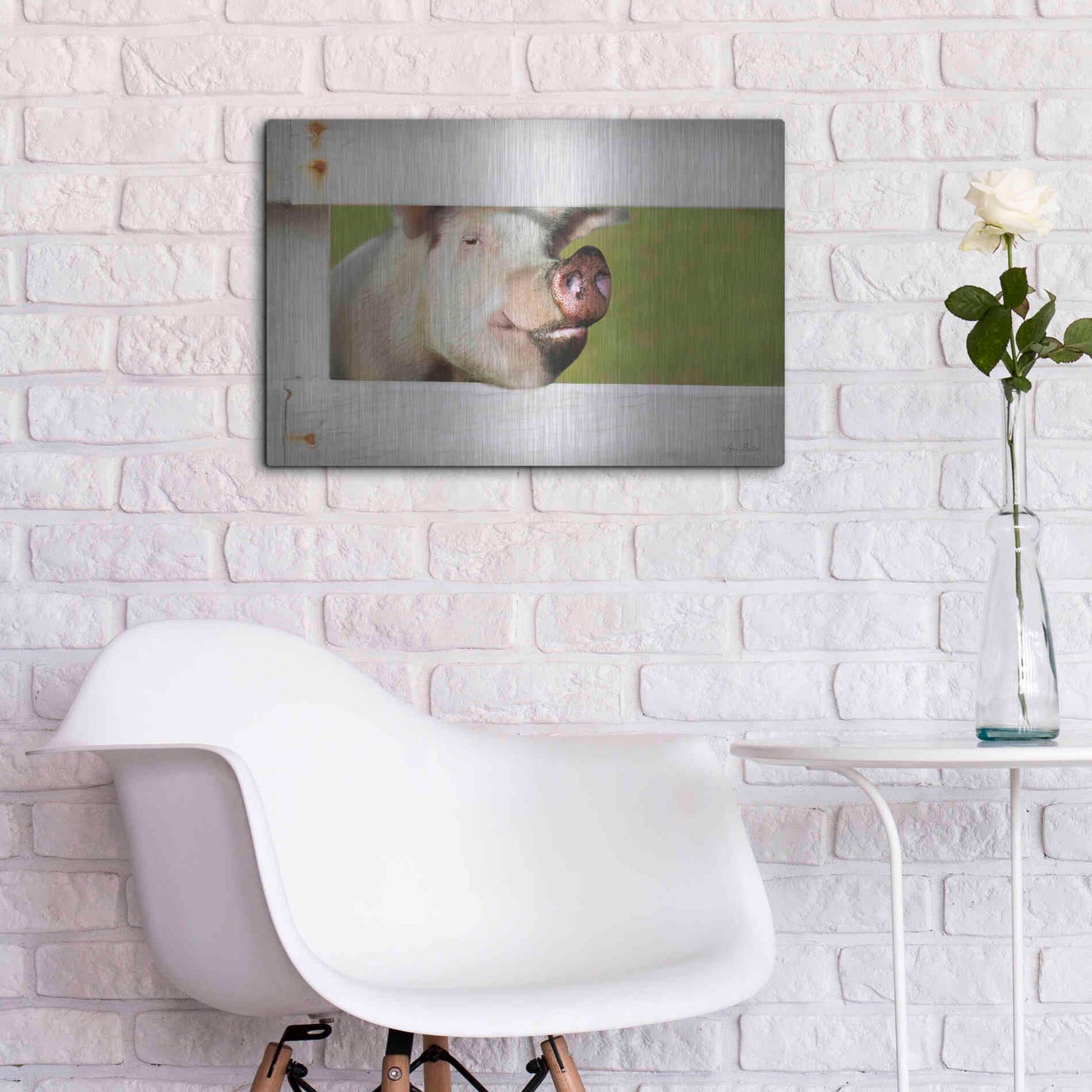 Luxe Metal Art 'Pig at Fence' by Lori Deiter, Metal Wall Art,24x16