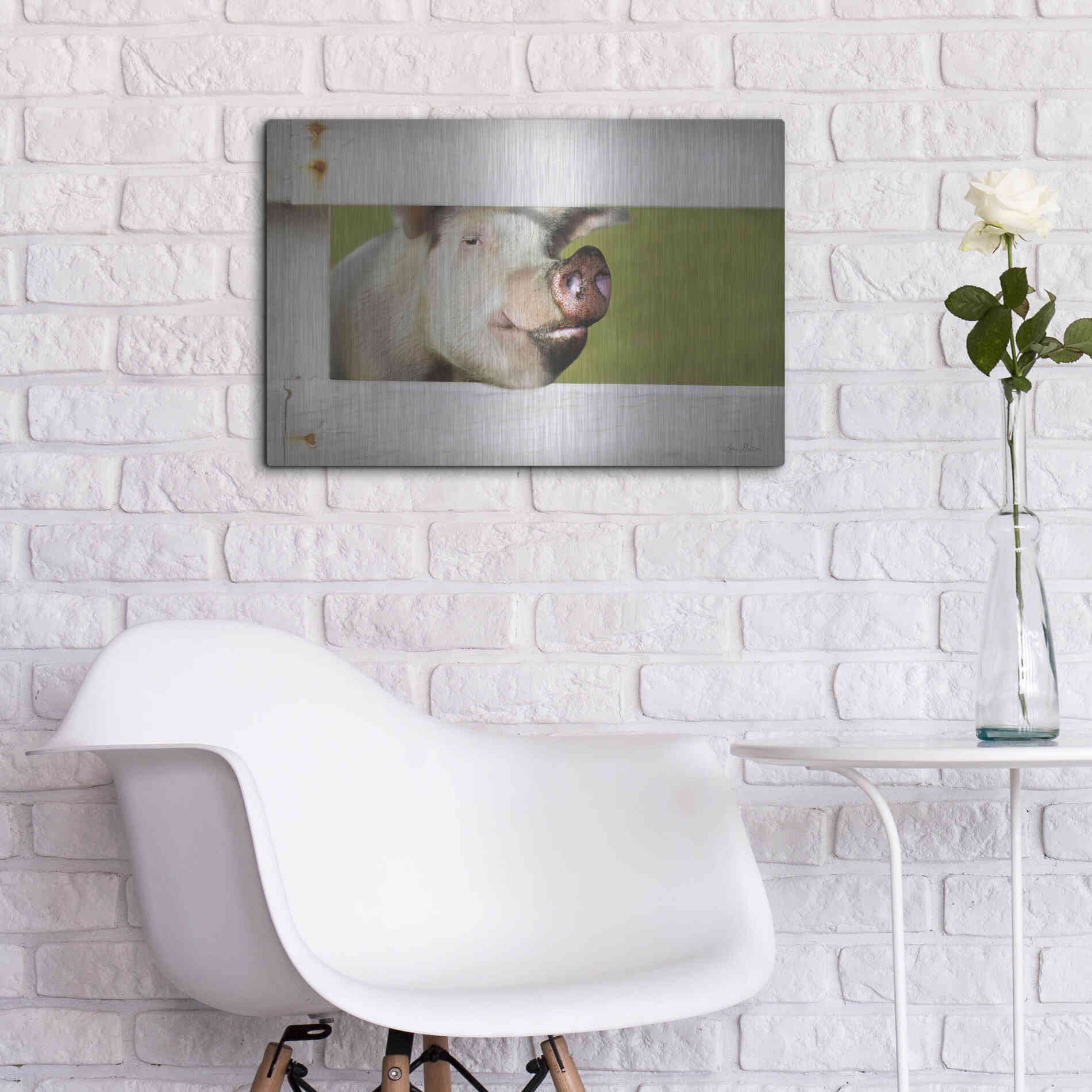 Luxe Metal Art 'Pig at Fence' by Lori Deiter, Metal Wall Art,24x16