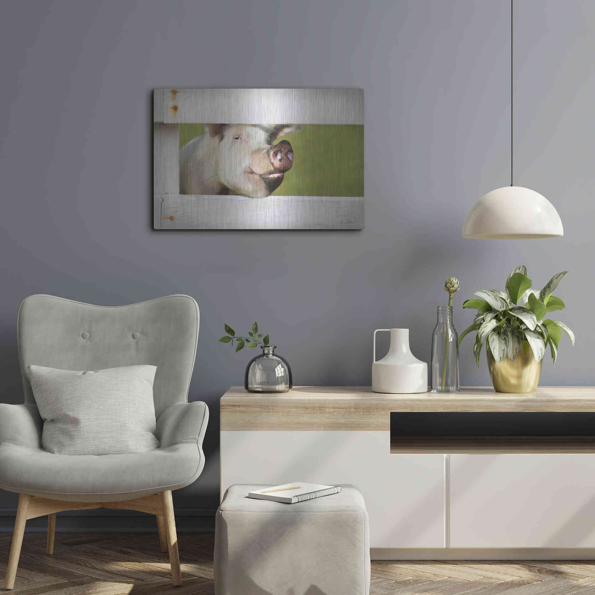 Luxe Metal Art 'Pig at Fence' by Lori Deiter, Metal Wall Art,24x16