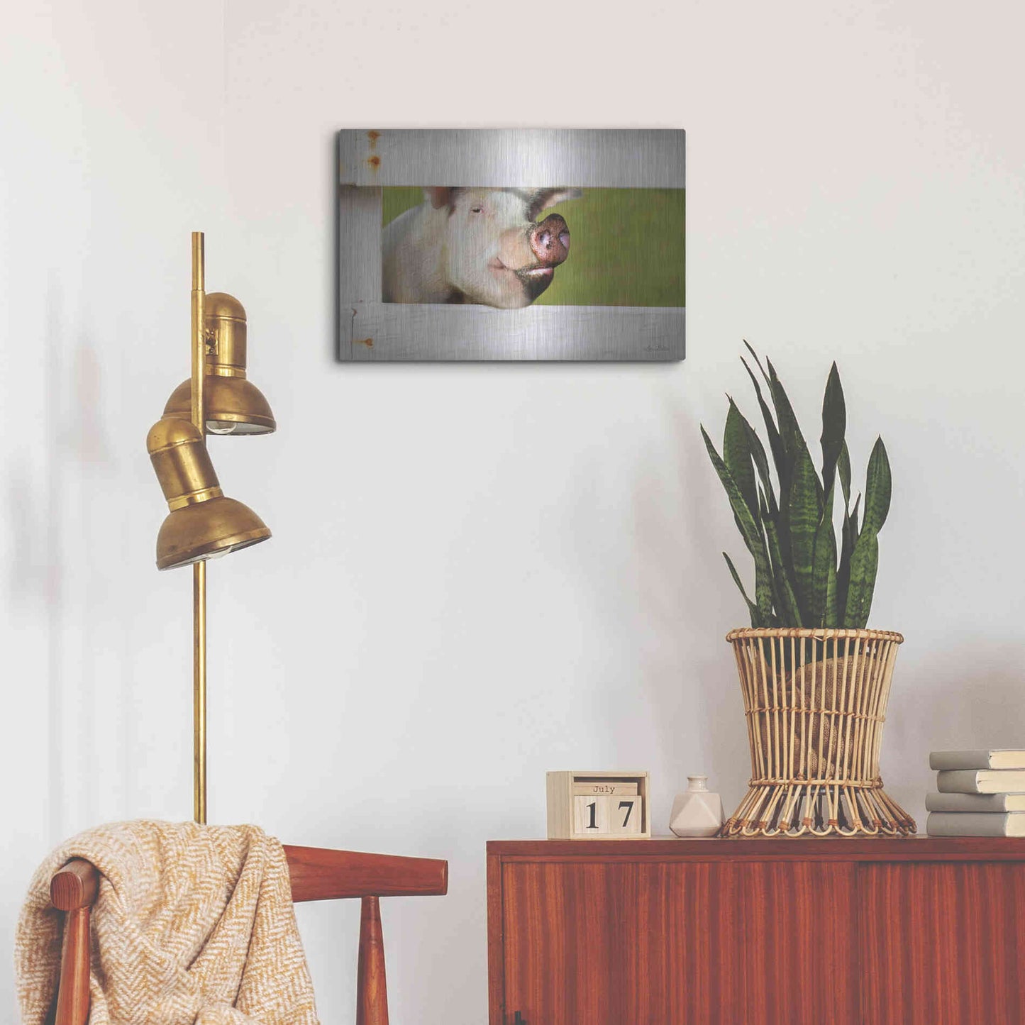 Luxe Metal Art 'Pig at Fence' by Lori Deiter, Metal Wall Art,24x16