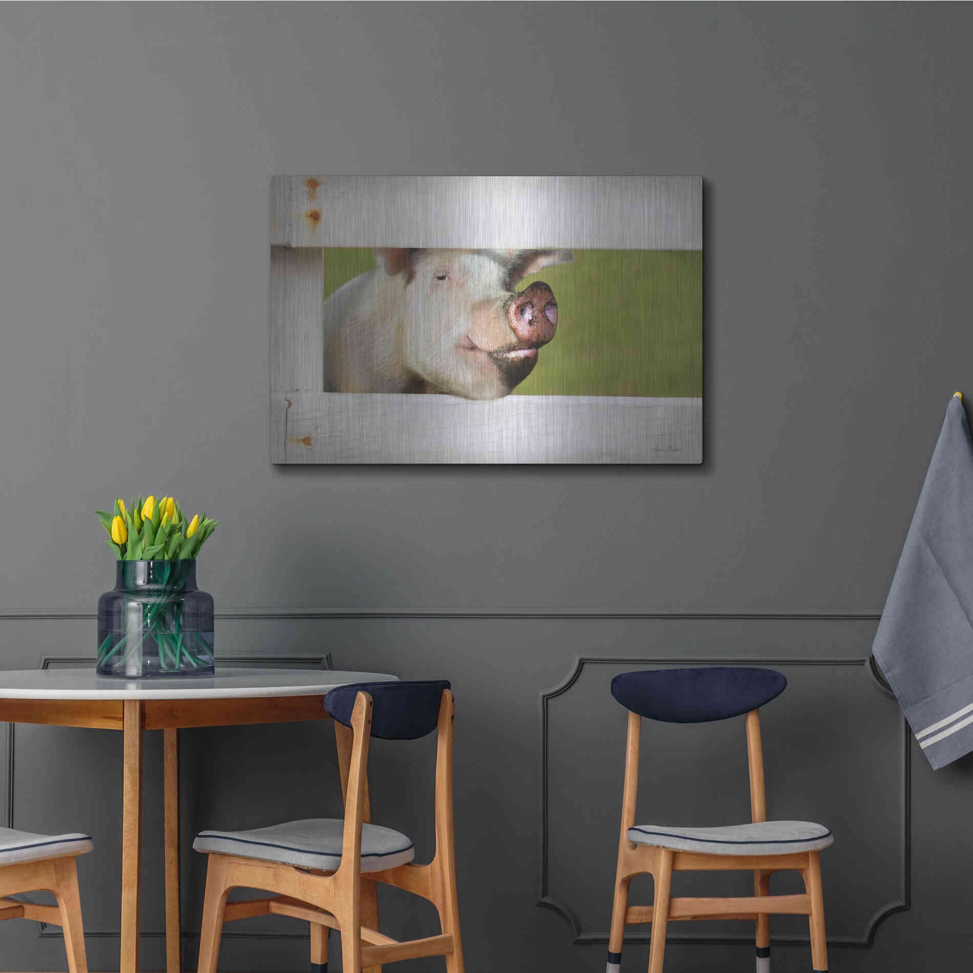 Luxe Metal Art 'Pig at Fence' by Lori Deiter, Metal Wall Art,36x24