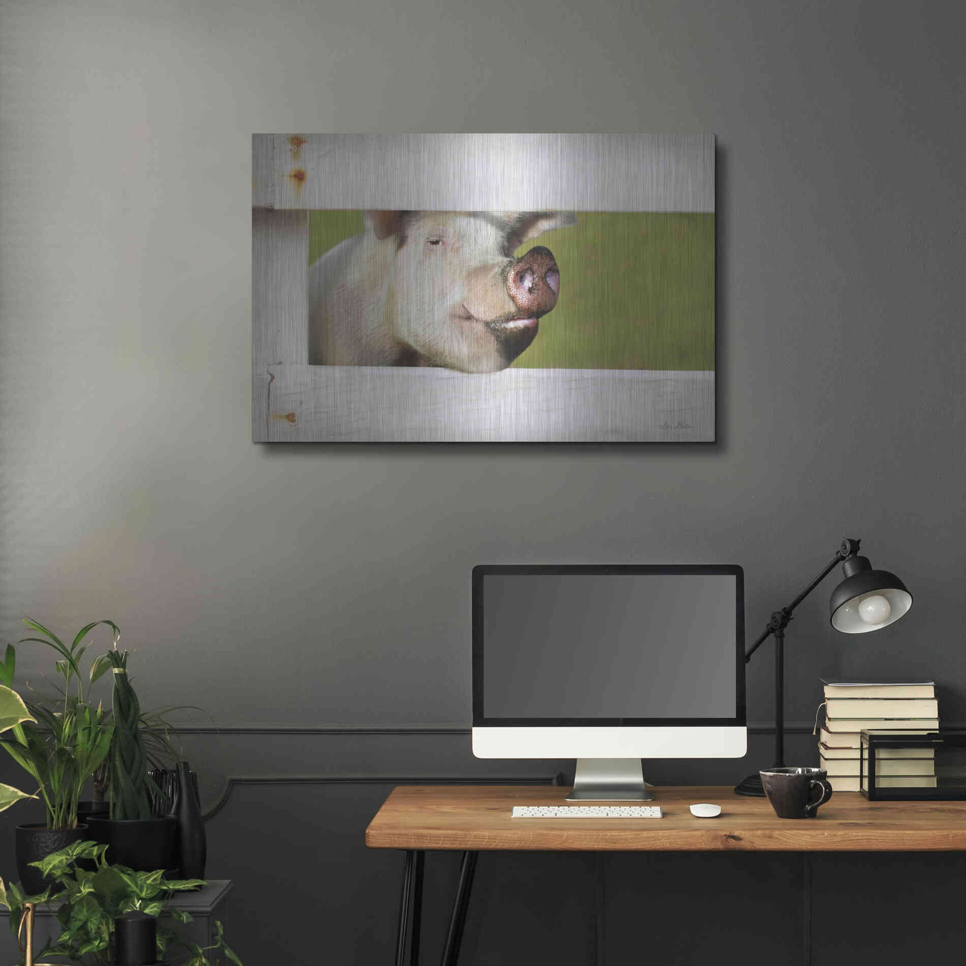 Luxe Metal Art 'Pig at Fence' by Lori Deiter, Metal Wall Art,36x24