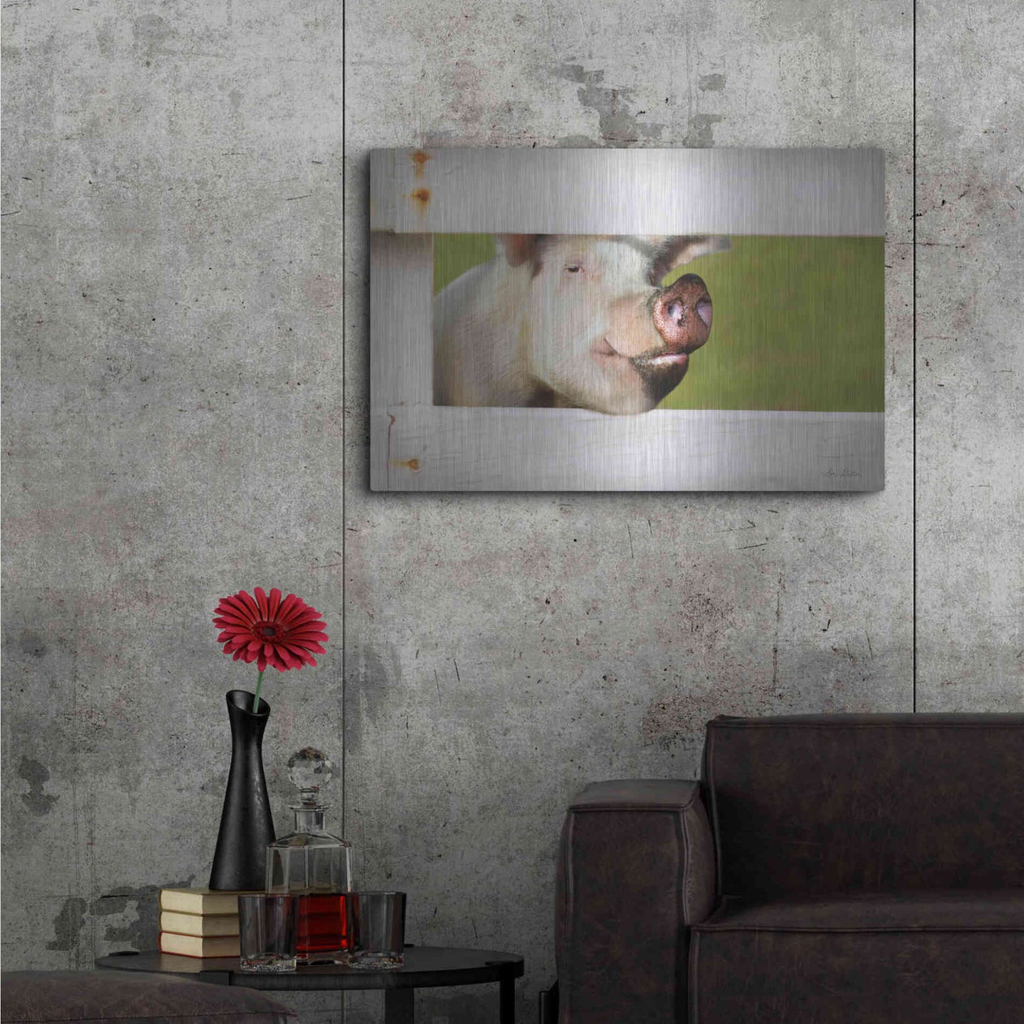 Luxe Metal Art 'Pig at Fence' by Lori Deiter, Metal Wall Art,36x24