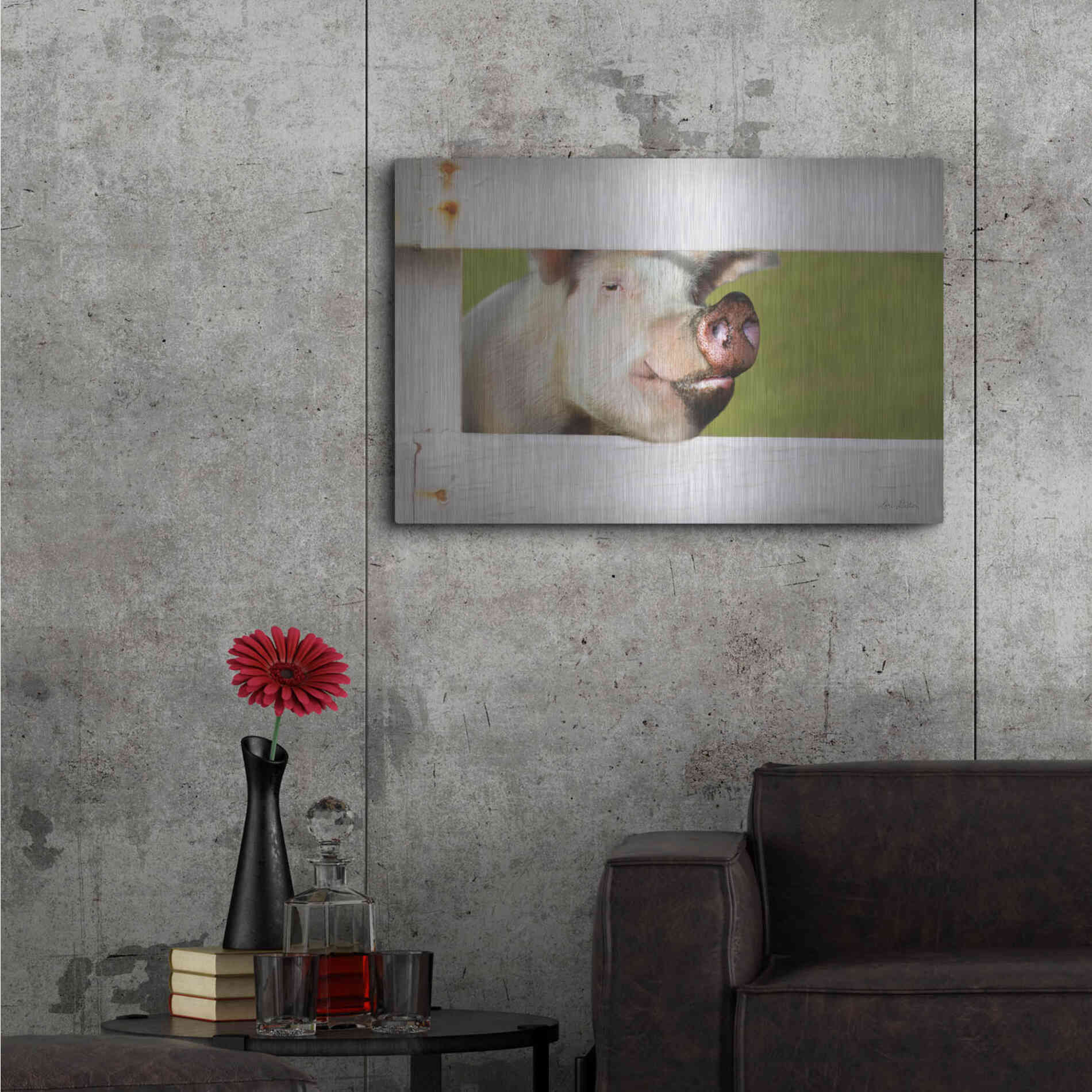 Luxe Metal Art 'Pig at Fence' by Lori Deiter, Metal Wall Art,36x24