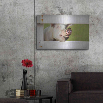 Luxe Metal Art 'Pig at Fence' by Lori Deiter, Metal Wall Art,36x24
