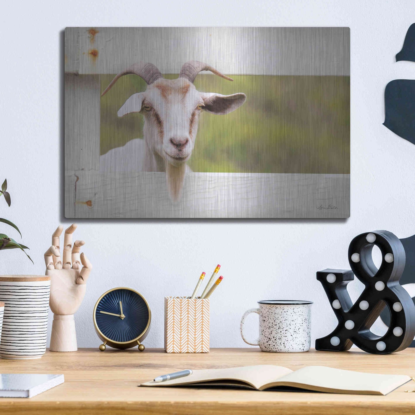 Luxe Metal Art 'Goat at Fence' by Lori Deiter, Metal Wall Art,16x12