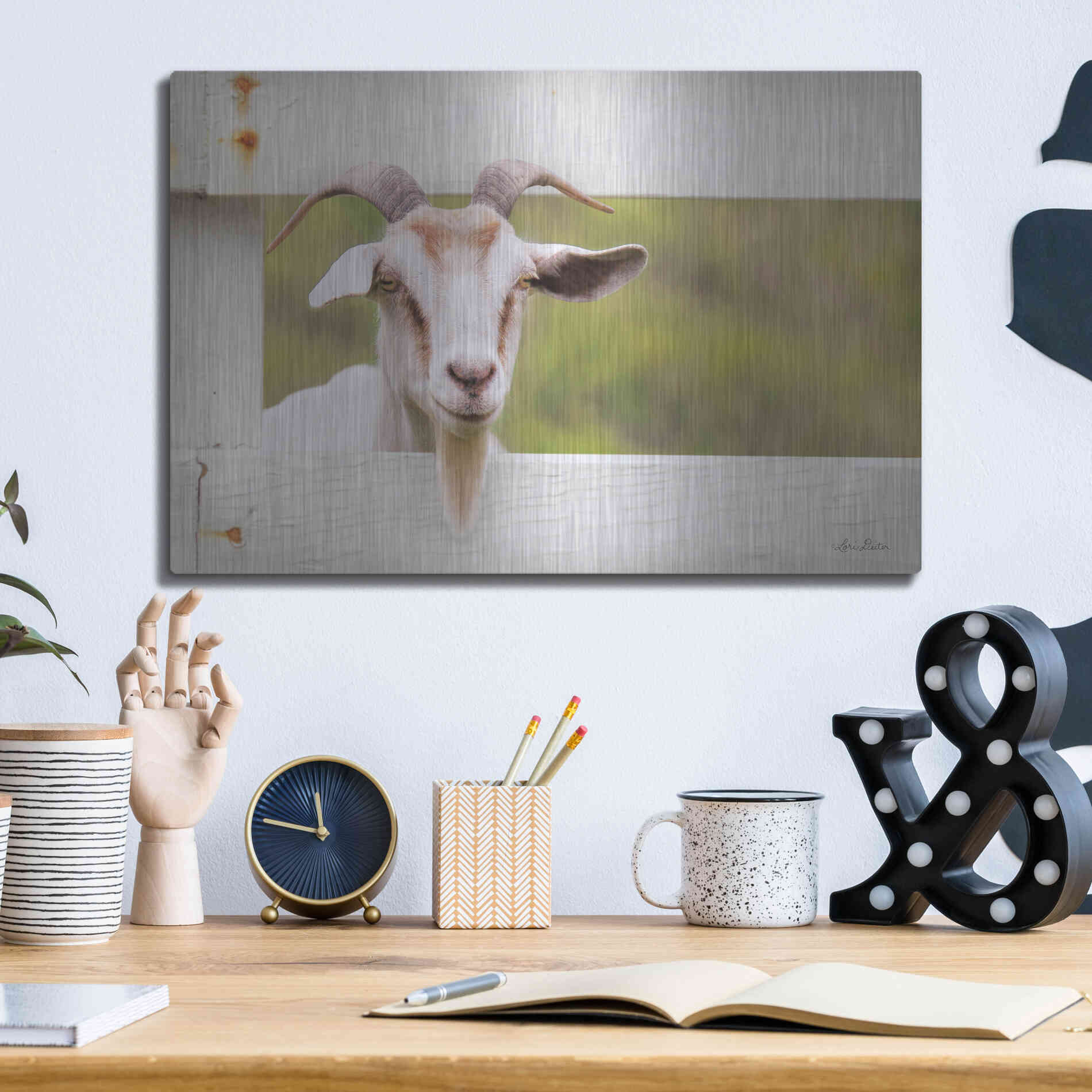 Luxe Metal Art 'Goat at Fence' by Lori Deiter, Metal Wall Art,16x12
