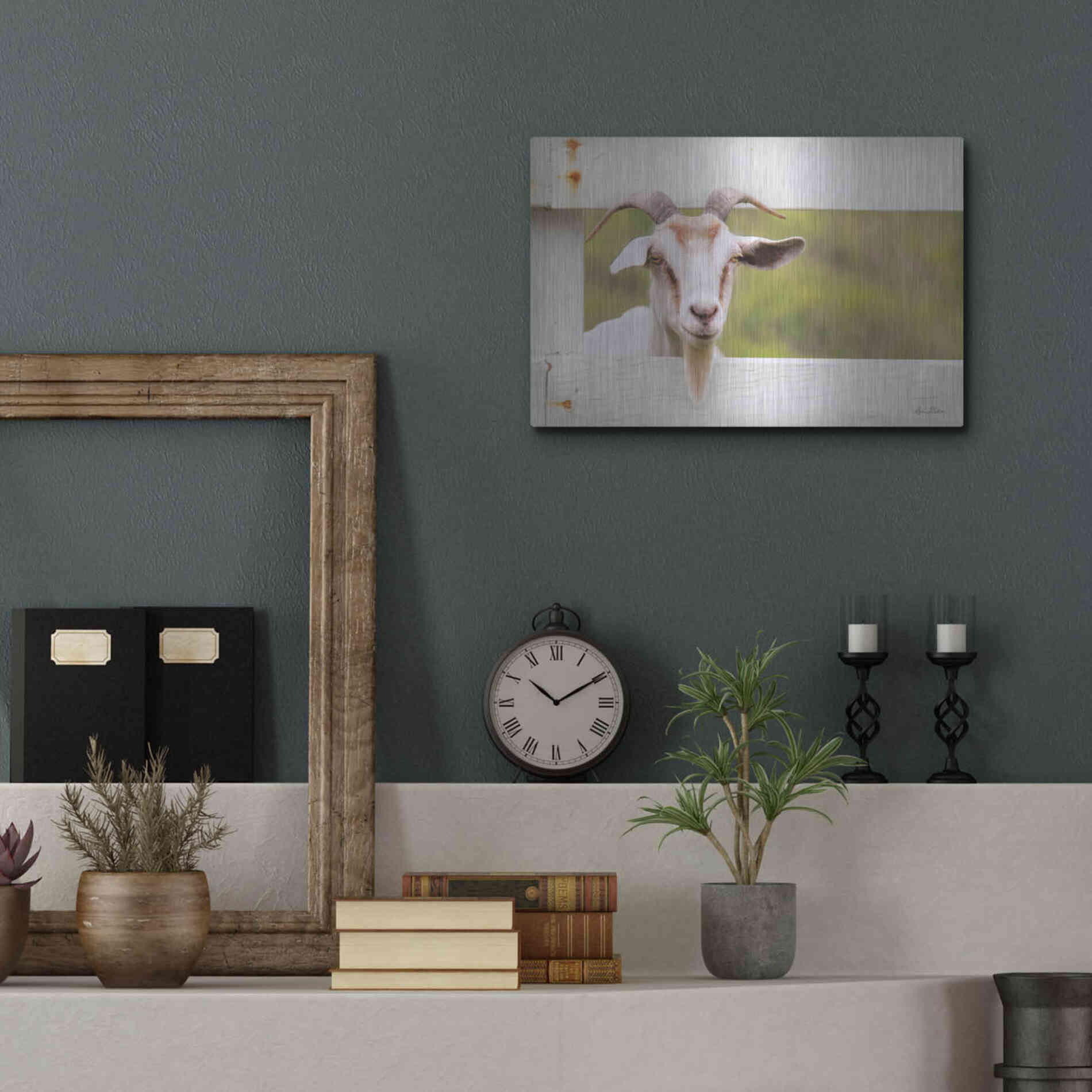 Luxe Metal Art 'Goat at Fence' by Lori Deiter, Metal Wall Art,16x12