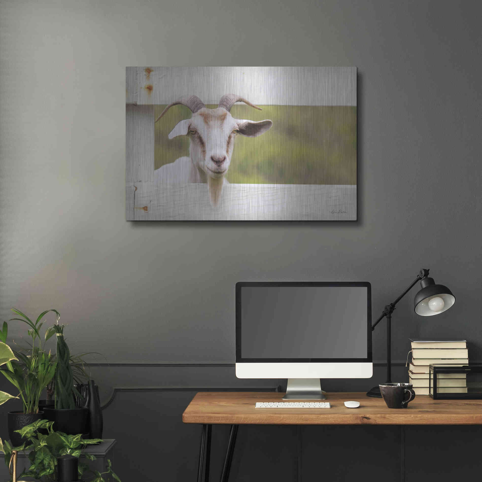 Luxe Metal Art 'Goat at Fence' by Lori Deiter, Metal Wall Art,36x24