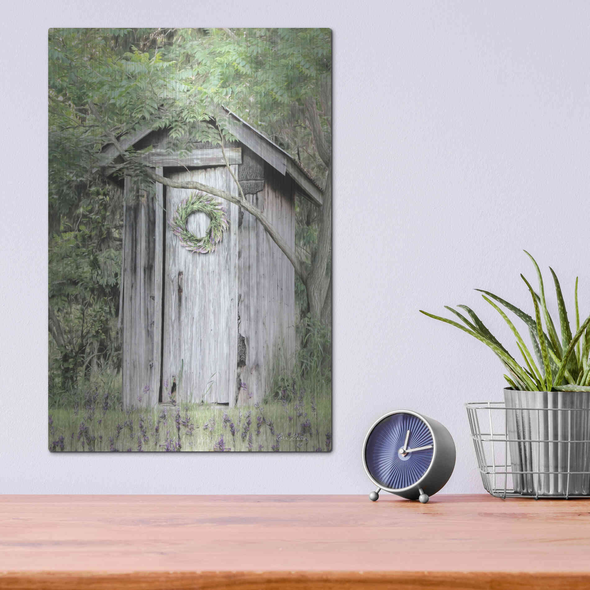 Luxe Metal Art 'Lavender Outhouse' by Lori Deiter, Metal Wall Art,12x16