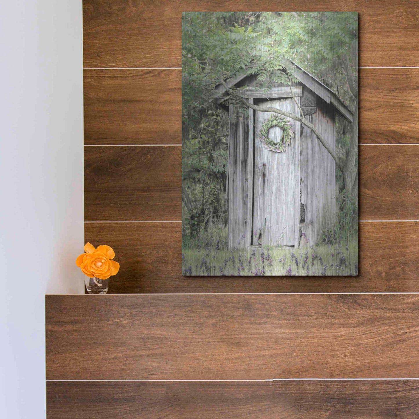 Luxe Metal Art 'Lavender Outhouse' by Lori Deiter, Metal Wall Art,12x16