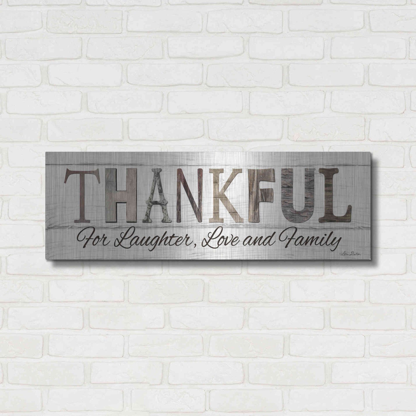 Luxe Metal Art 'Thankful for Laughter, Love and Family' by Lori Deiter, Metal Wall Art,36x12