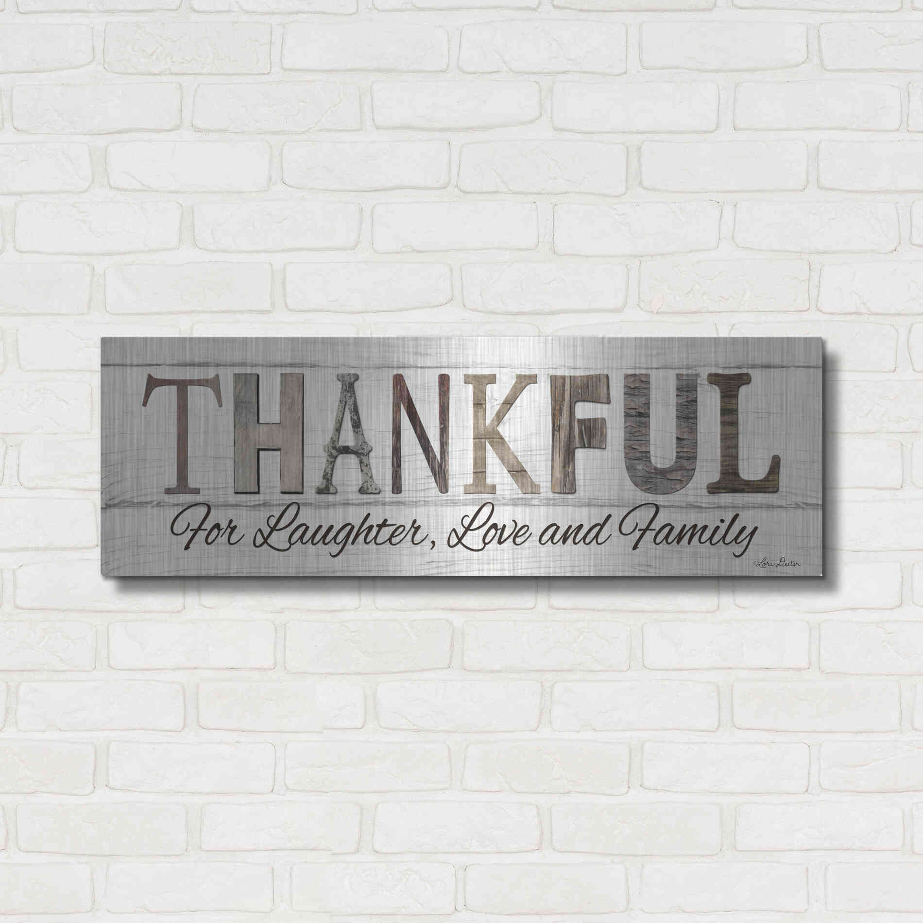 Luxe Metal Art 'Thankful for Laughter, Love and Family' by Lori Deiter, Metal Wall Art,36x12
