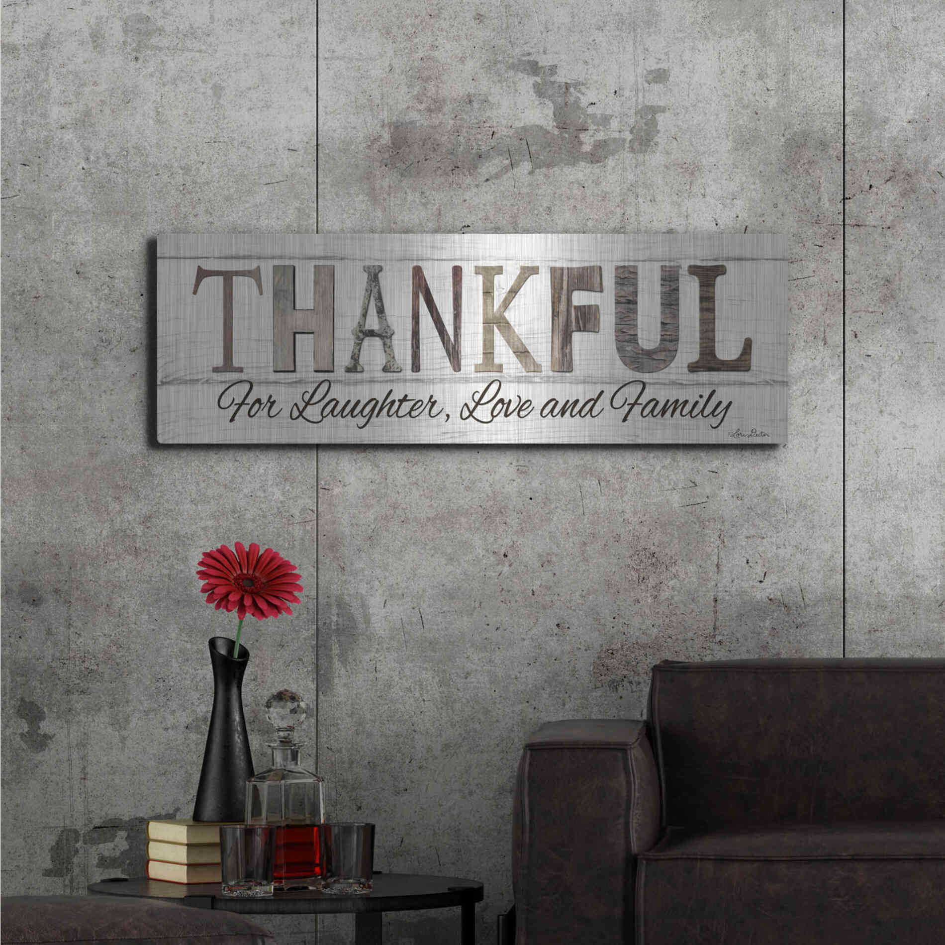 Luxe Metal Art 'Thankful for Laughter, Love and Family' by Lori Deiter, Metal Wall Art,48x16