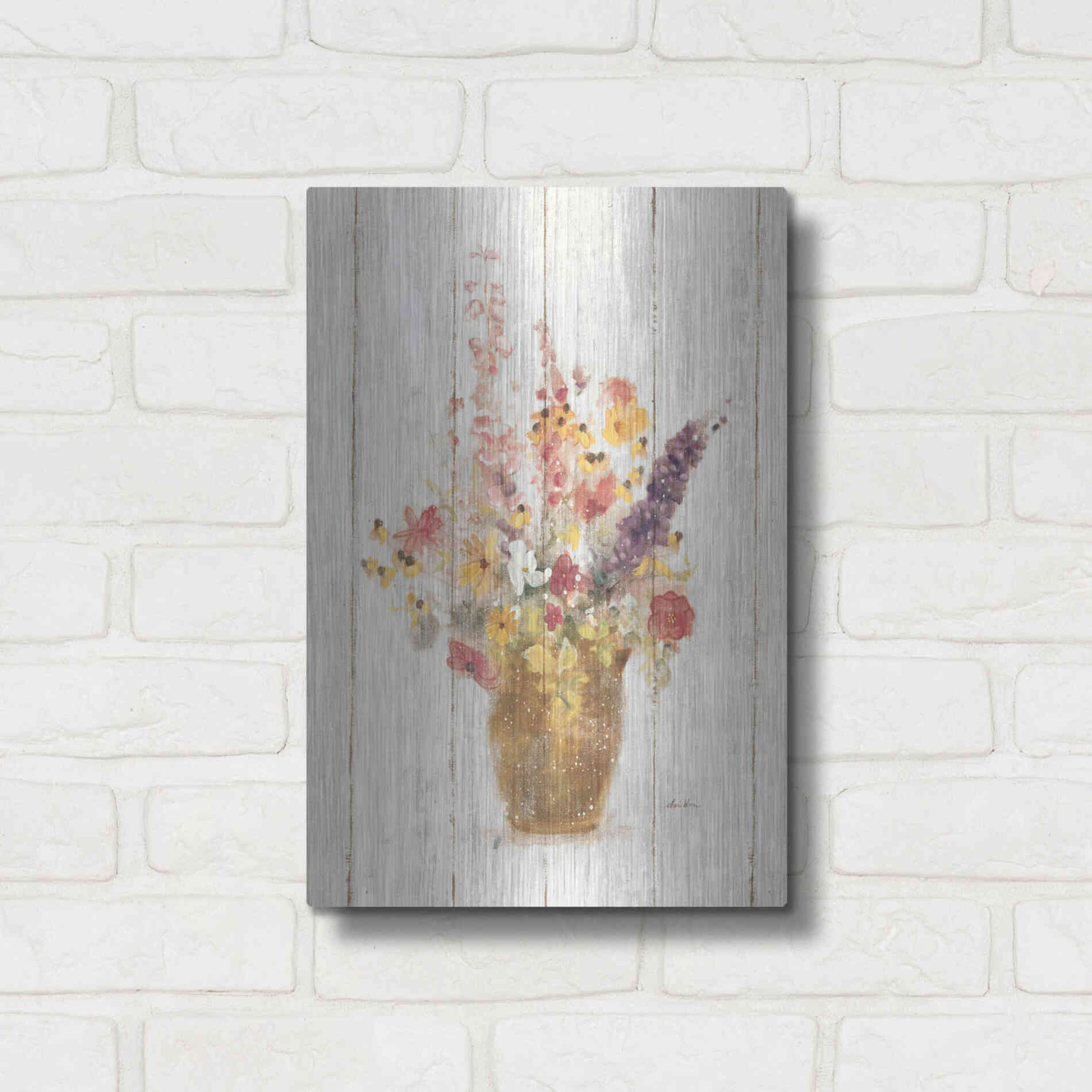 Luxe Metal Art 'Wild Flowers in Vase I on Barn Board' by Cheri Blum, Metal Wall Art,12x16