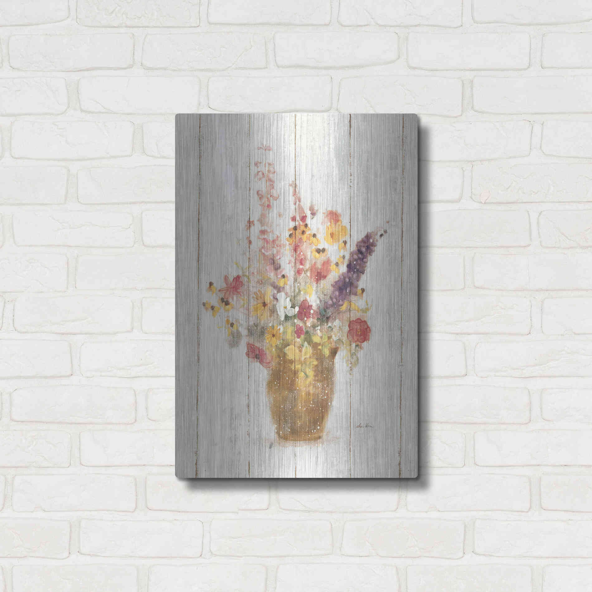 Luxe Metal Art 'Wild Flowers in Vase I on Barn Board' by Cheri Blum, Metal Wall Art,16x24