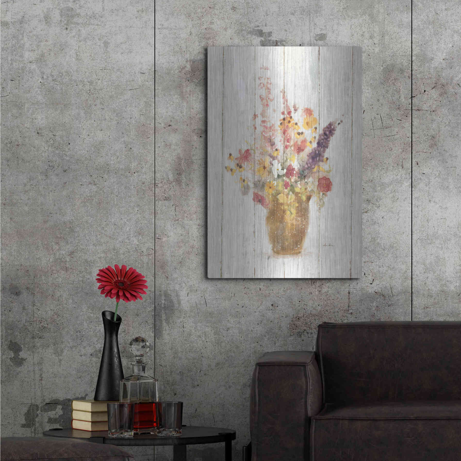 Luxe Metal Art 'Wild Flowers in Vase I on Barn Board' by Cheri Blum, Metal Wall Art,24x36