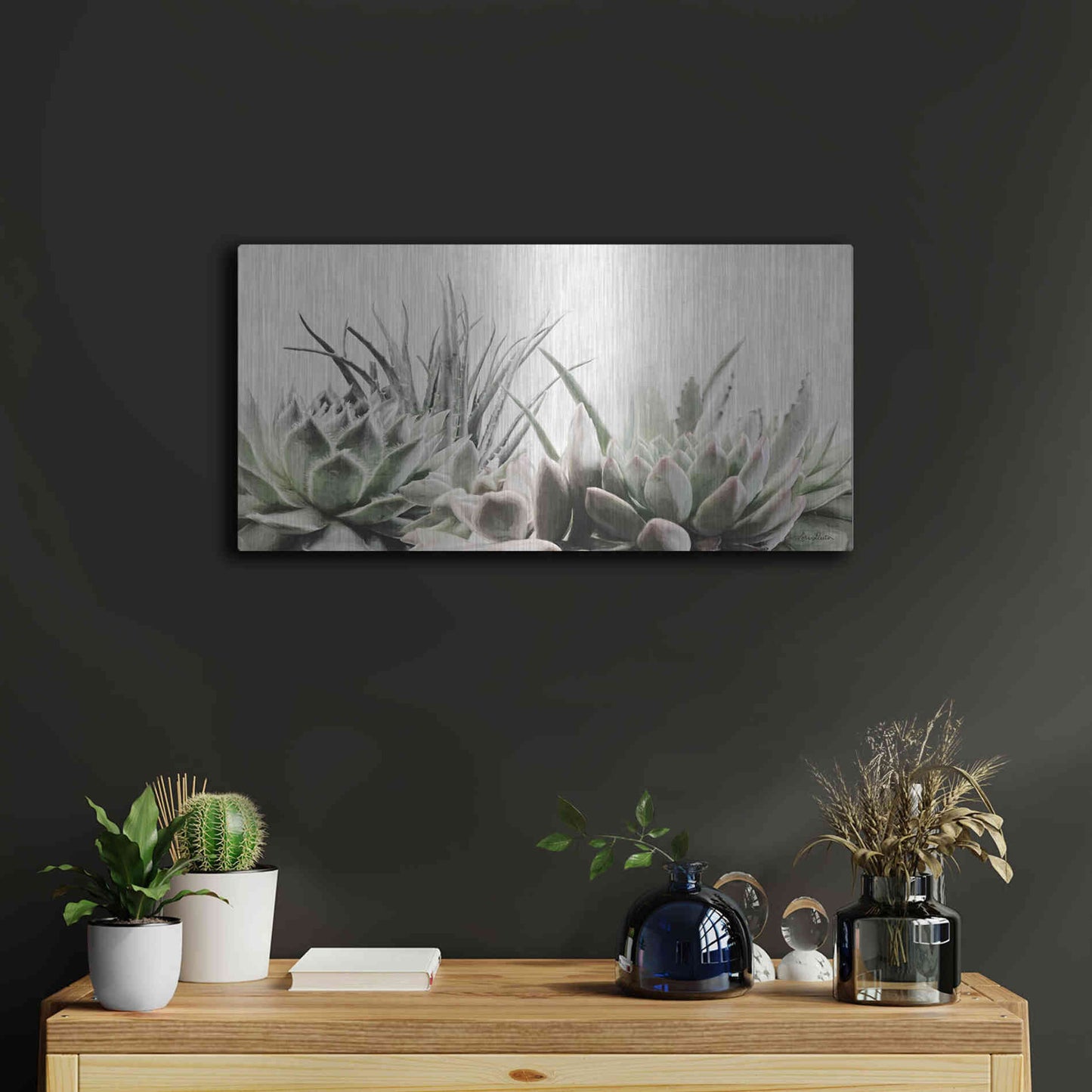 Luxe Metal Art 'Soft Succulents II' by Lori Deiter, Metal Wall Art,24x12