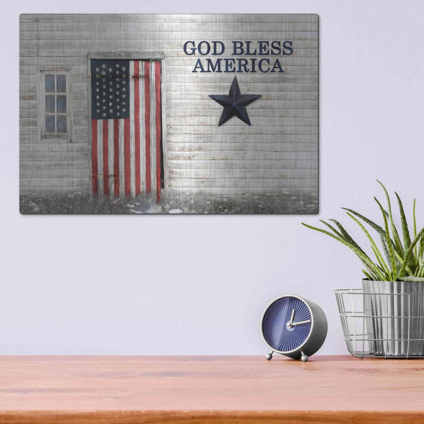 Luxe Metal Art 'God Bless American Flag' by Lori Deiter, Metal Wall Art,16x12