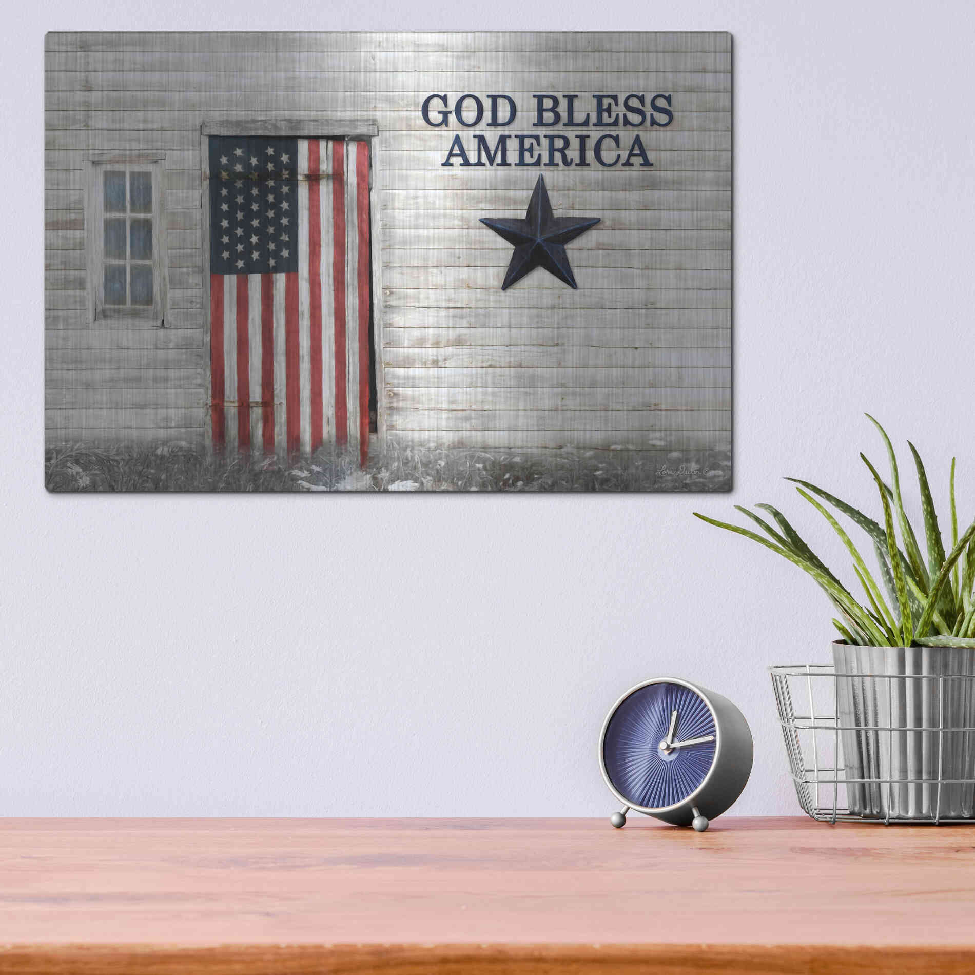 Luxe Metal Art 'God Bless American Flag' by Lori Deiter, Metal Wall Art,16x12