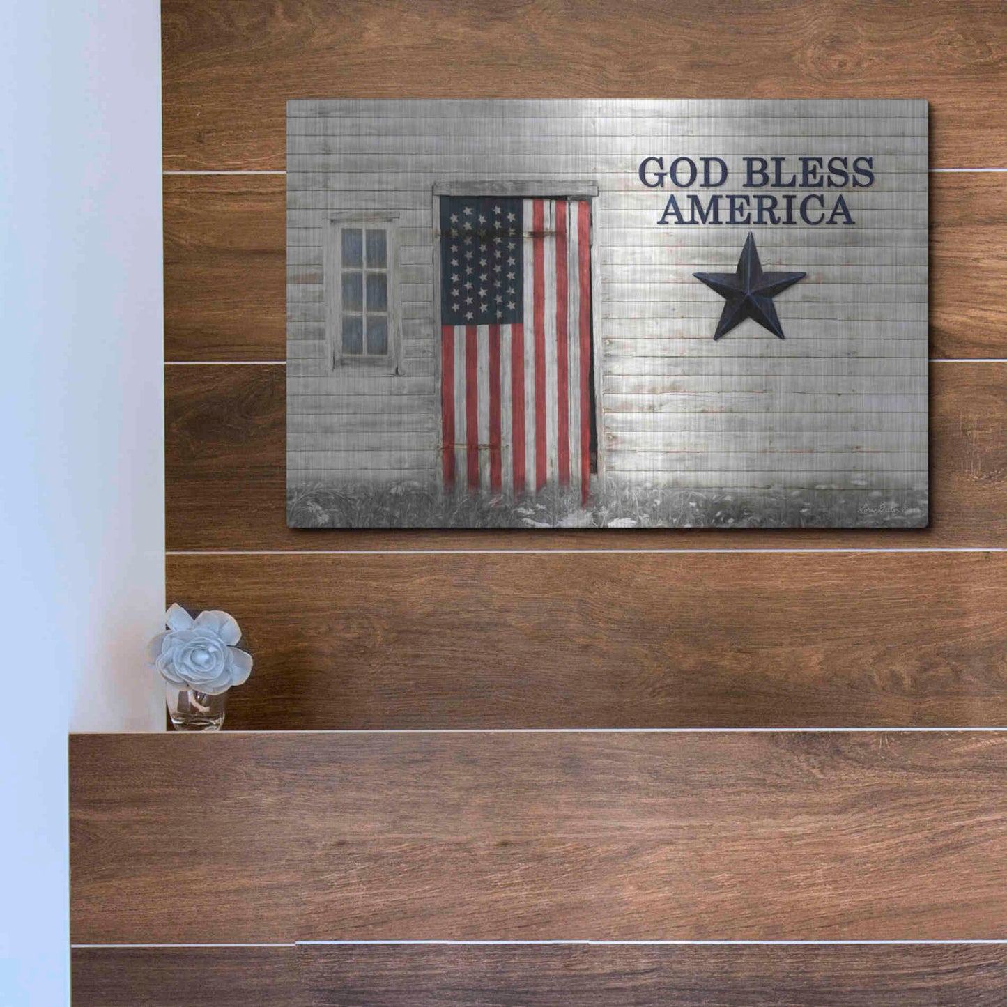 Luxe Metal Art 'God Bless American Flag' by Lori Deiter, Metal Wall Art,16x12