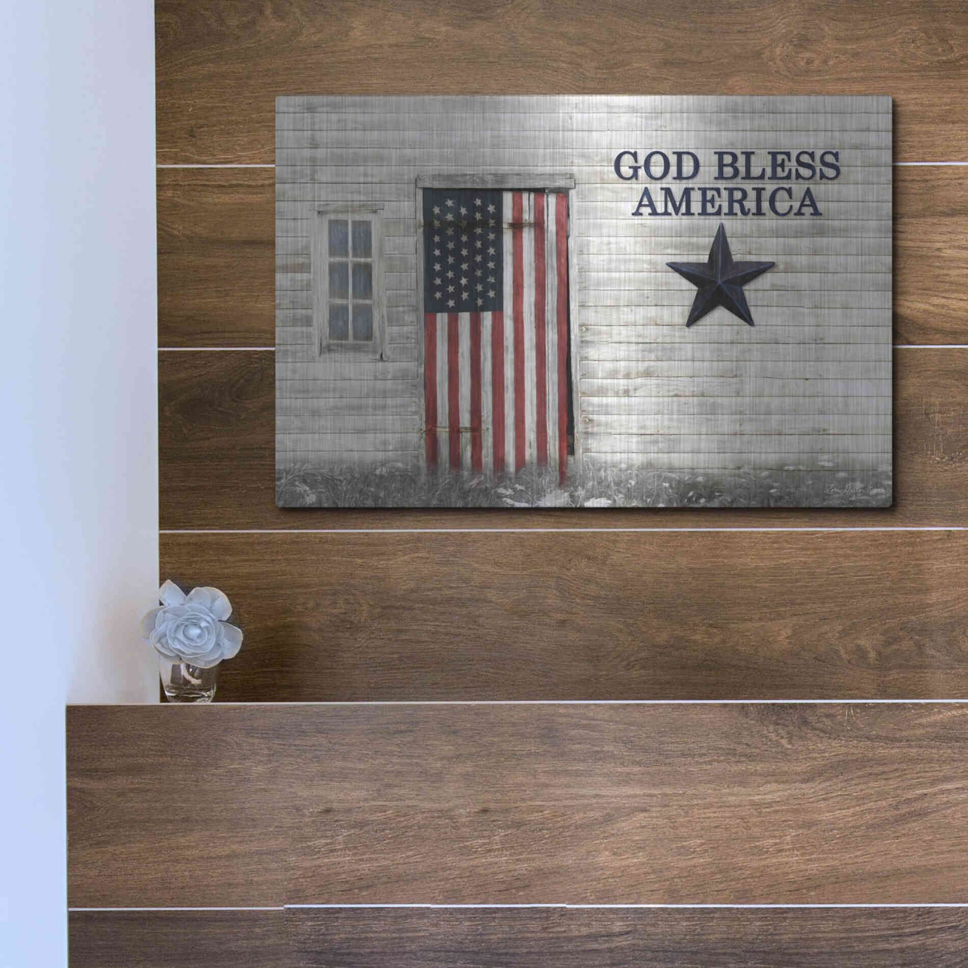 Luxe Metal Art 'God Bless American Flag' by Lori Deiter, Metal Wall Art,16x12