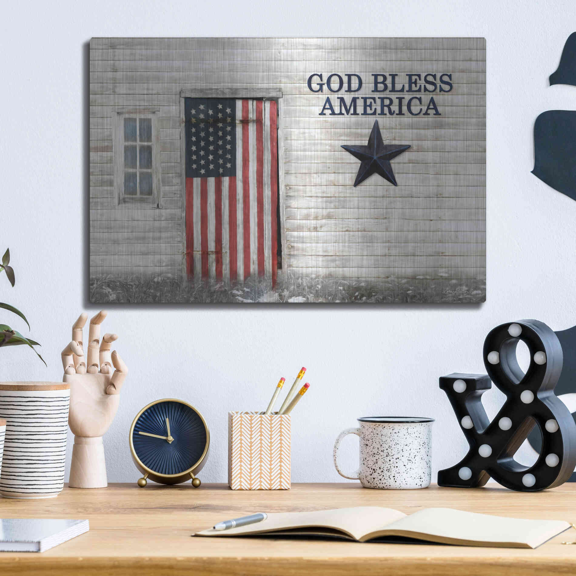 Luxe Metal Art 'God Bless American Flag' by Lori Deiter, Metal Wall Art,16x12