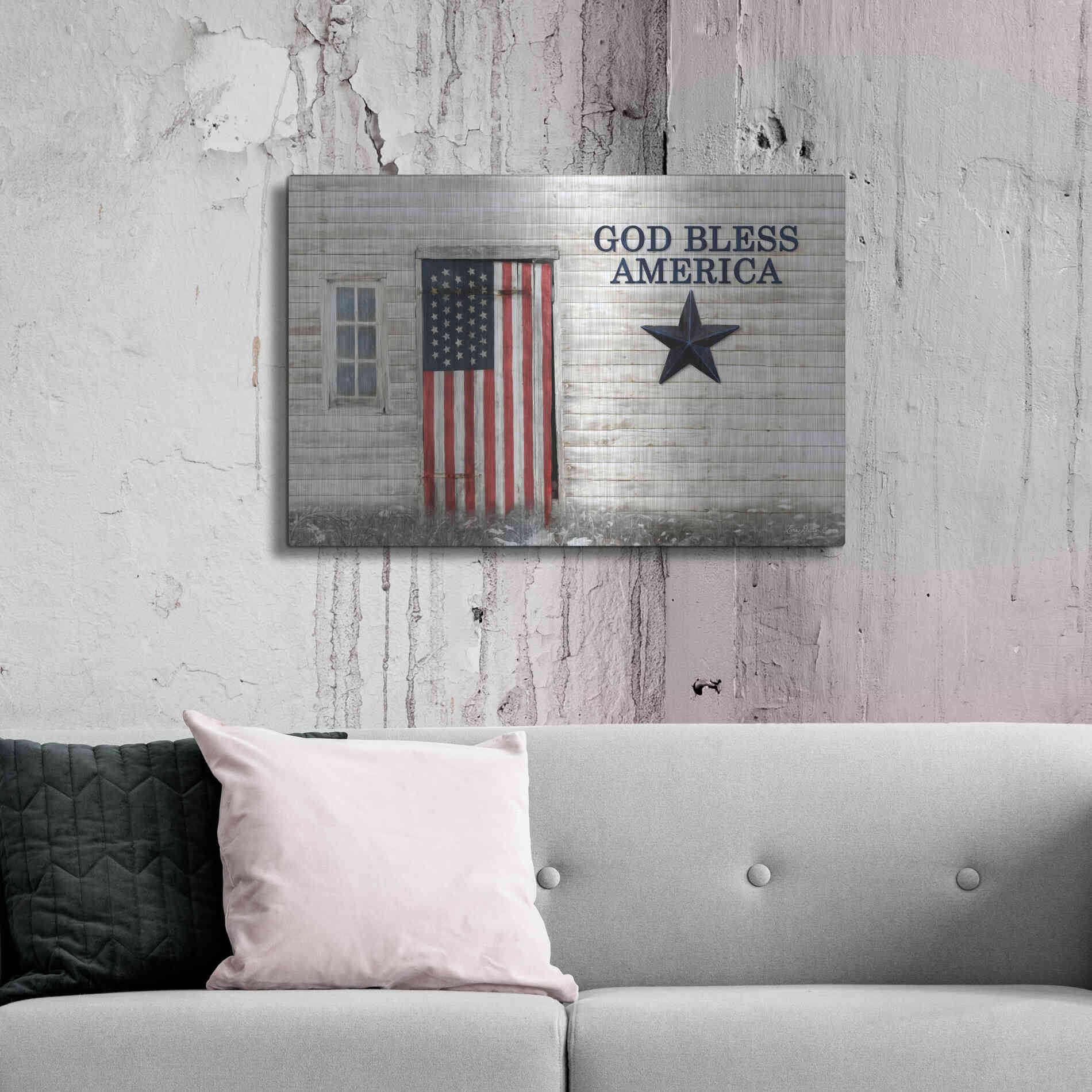 Luxe Metal Art 'God Bless American Flag' by Lori Deiter, Metal Wall Art,36x24