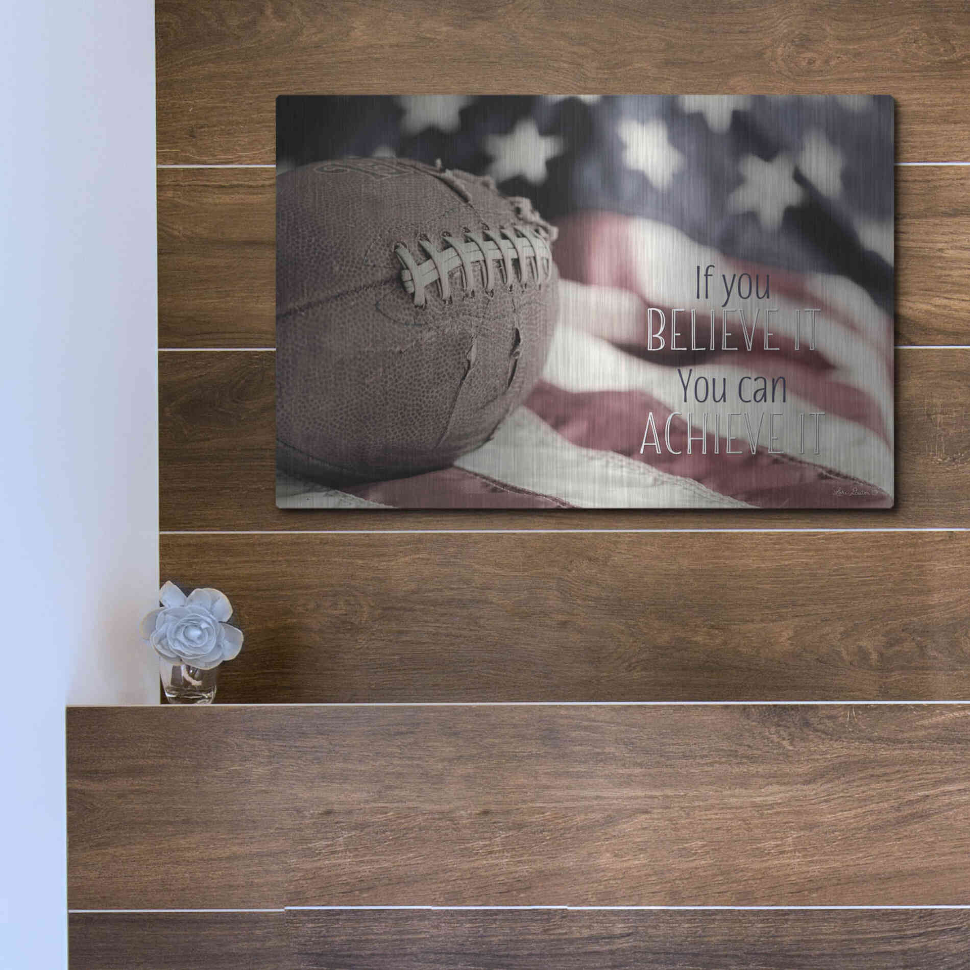 Luxe Metal Art 'Football - Believe' by Lori Deiter, Metal Wall Art,16x12