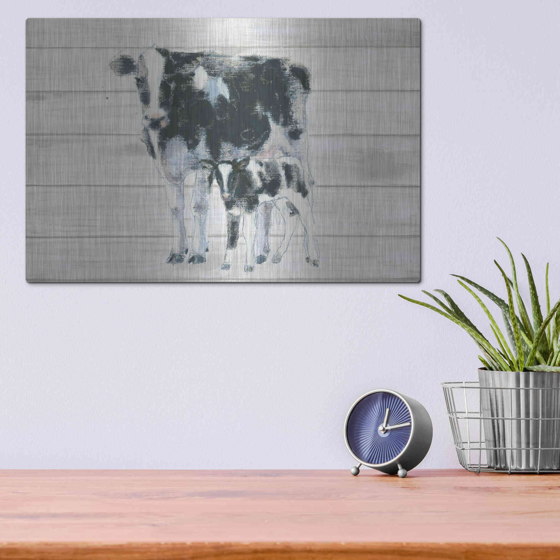 Luxe Metal Art 'Cow and Calf on Wood' by Emily Adams, Metal Wall Art,16x12