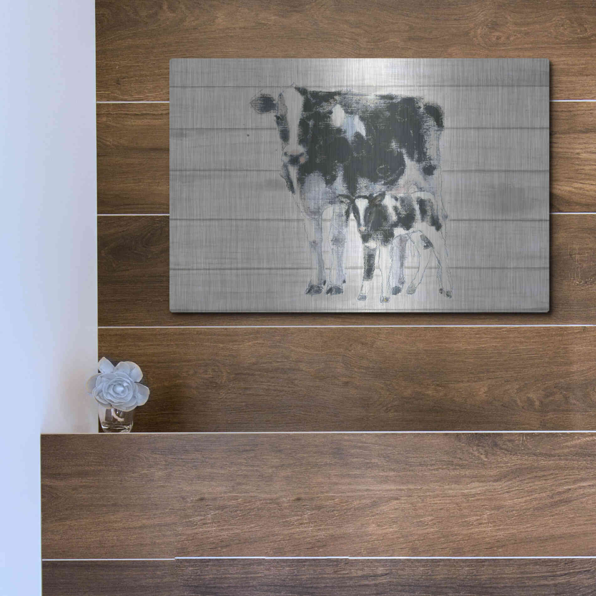 Luxe Metal Art 'Cow and Calf on Wood' by Emily Adams, Metal Wall Art,16x12