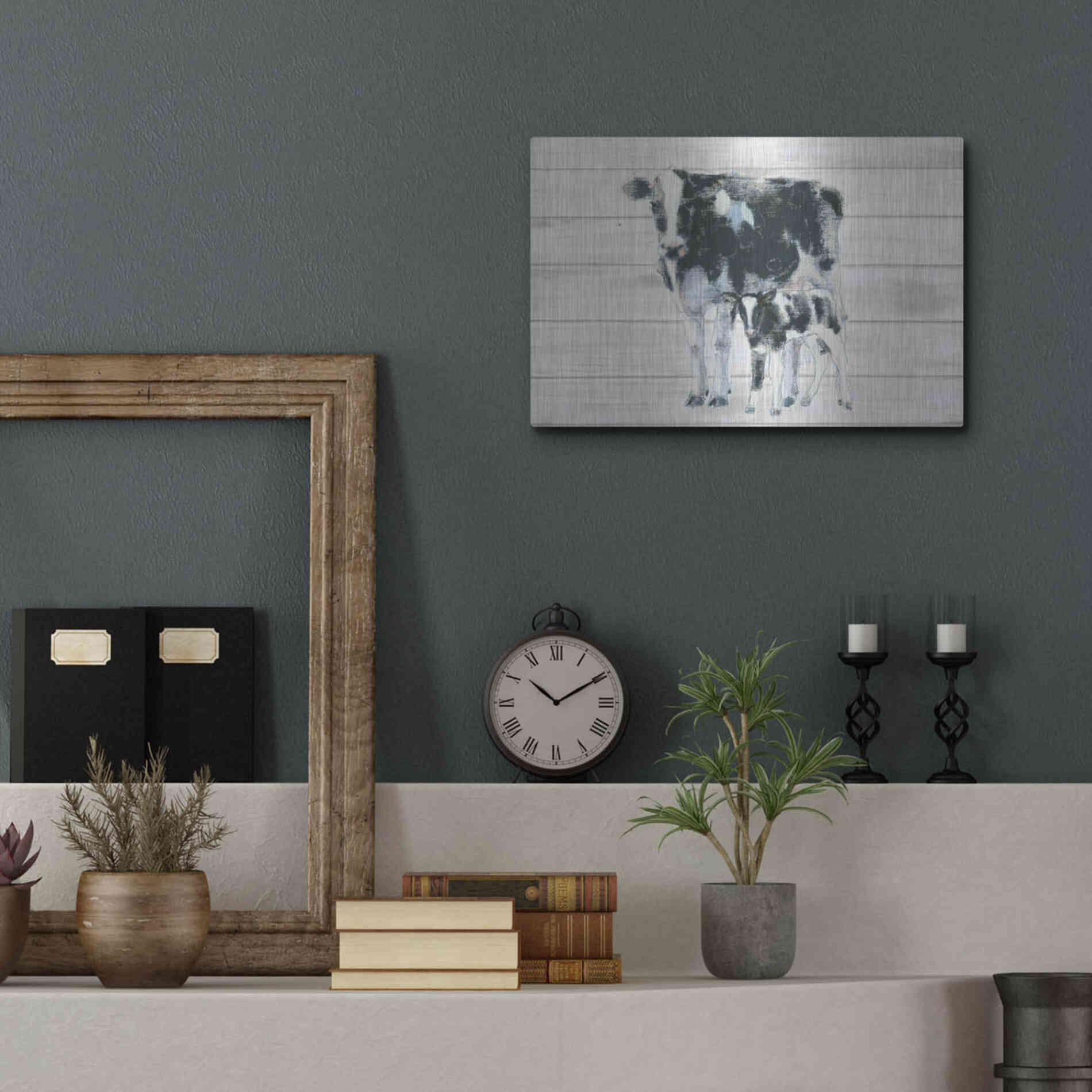 Luxe Metal Art 'Cow and Calf on Wood' by Emily Adams, Metal Wall Art,16x12