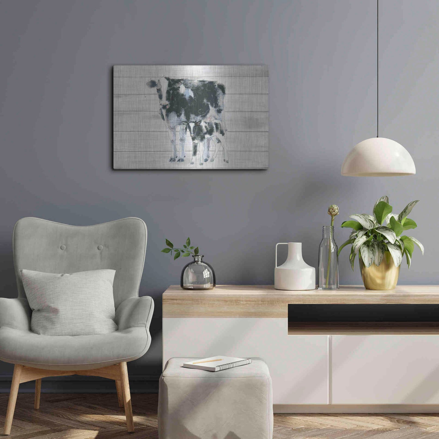 Luxe Metal Art 'Cow and Calf on Wood' by Emily Adams, Metal Wall Art,24x16