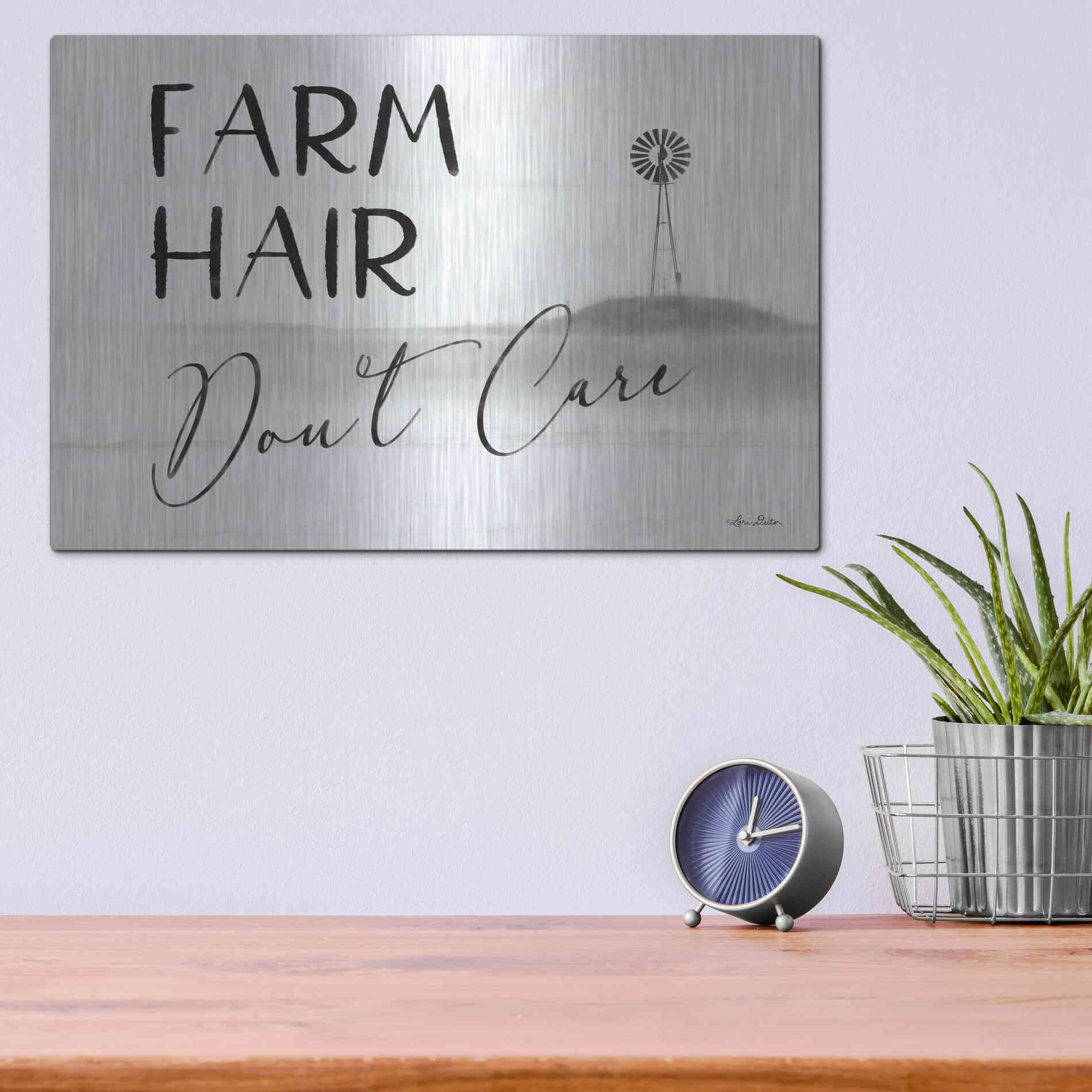 Luxe Metal Art 'Farm Hair, Don't Care' by Lori Deiter, Metal Wall Art,16x12
