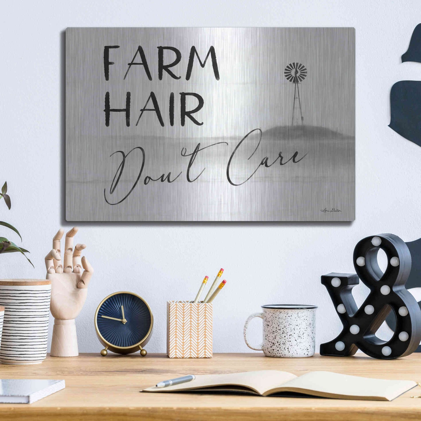 Luxe Metal Art 'Farm Hair, Don't Care' by Lori Deiter, Metal Wall Art,16x12