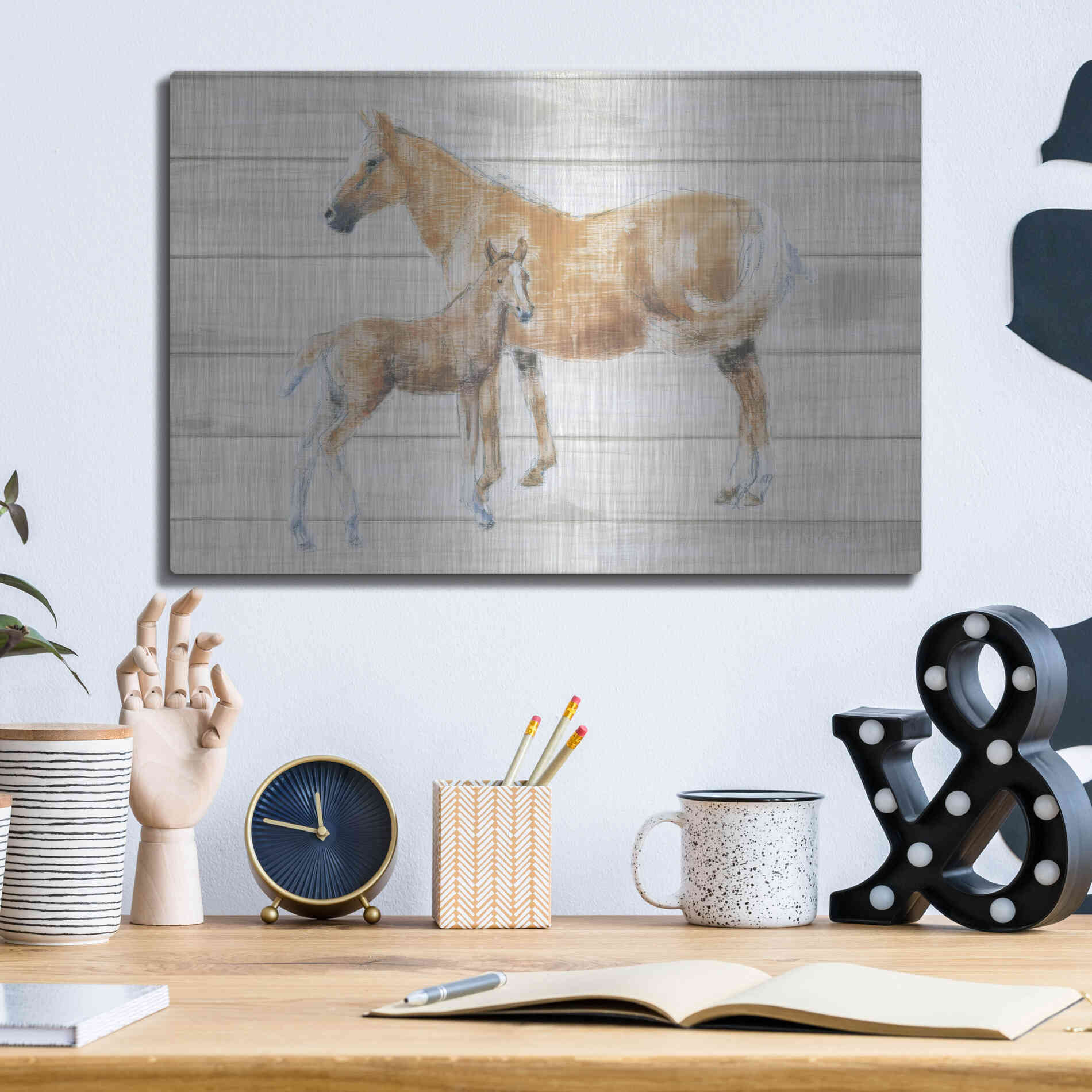 Luxe Metal Art 'Horse and Colt on Wood' by Emily Adams, Metal Wall Art,16x12