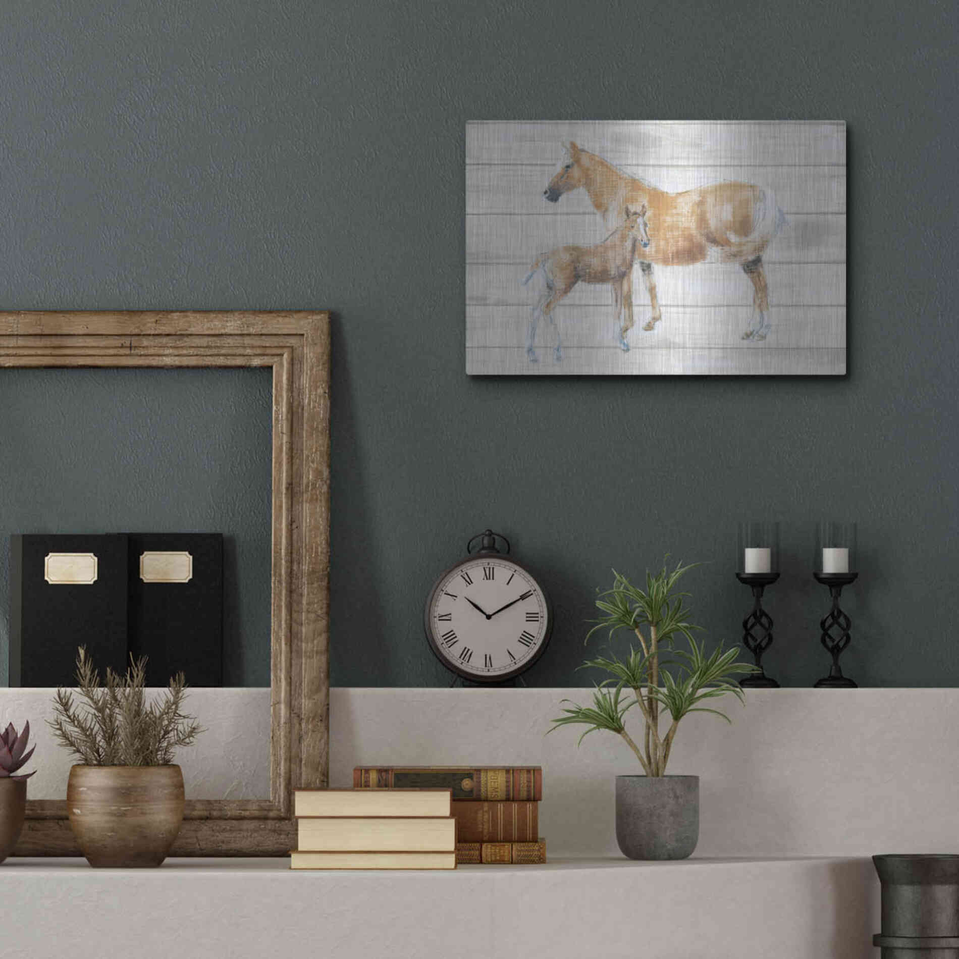 Luxe Metal Art 'Horse and Colt on Wood' by Emily Adams, Metal Wall Art,16x12