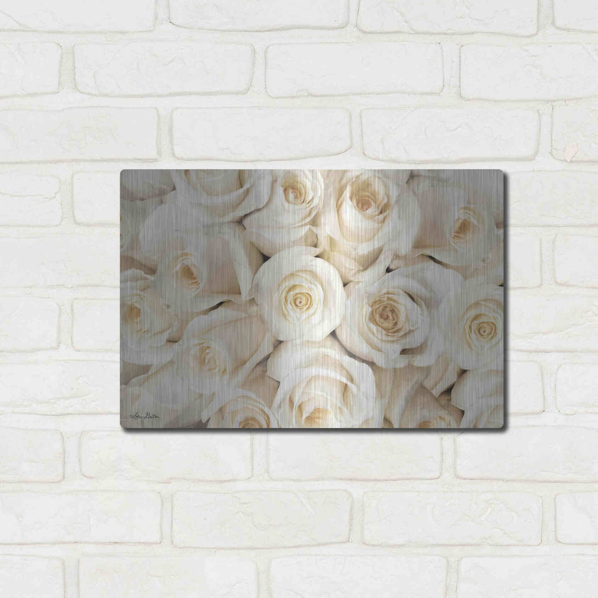 Luxe Metal Art 'Top View - White Roses' by Lori Deiter, Metal Wall Art,16x12