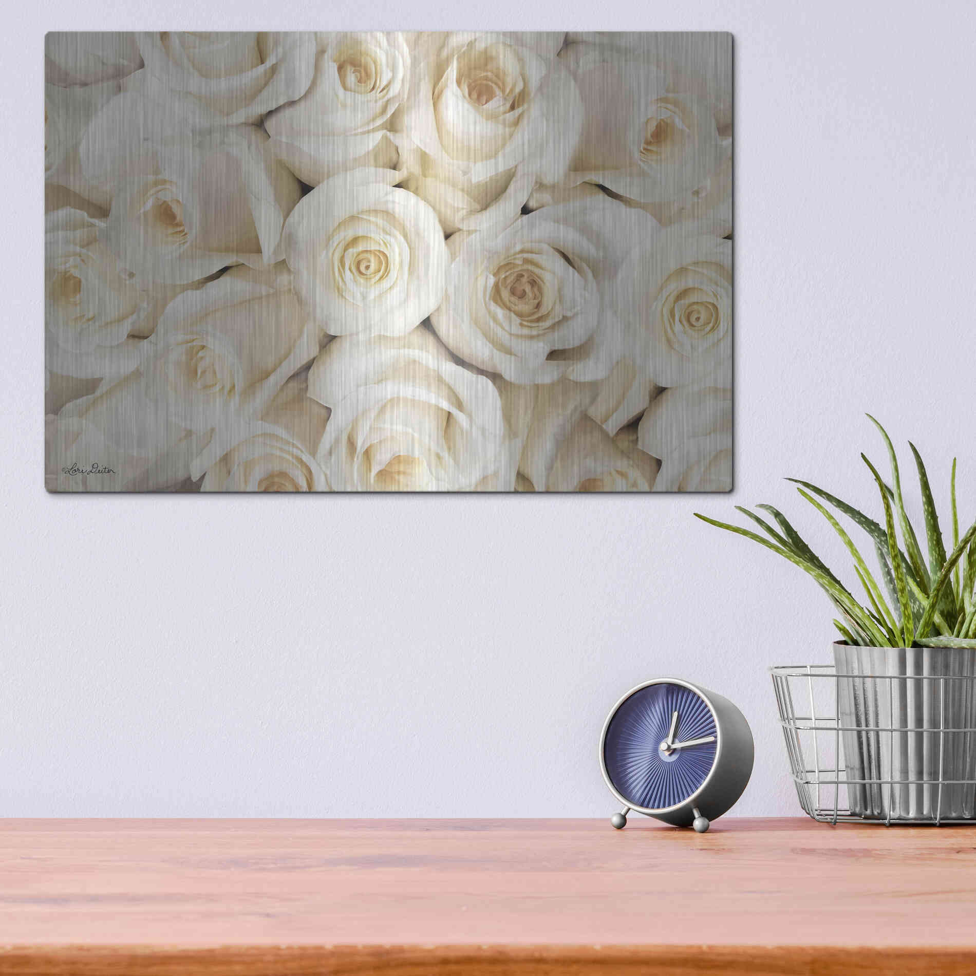 Luxe Metal Art 'Top View - White Roses' by Lori Deiter, Metal Wall Art,16x12