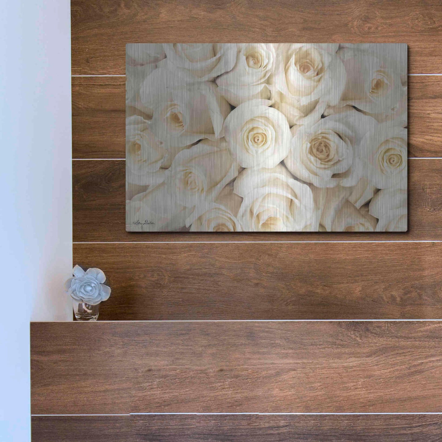 Luxe Metal Art 'Top View - White Roses' by Lori Deiter, Metal Wall Art,16x12