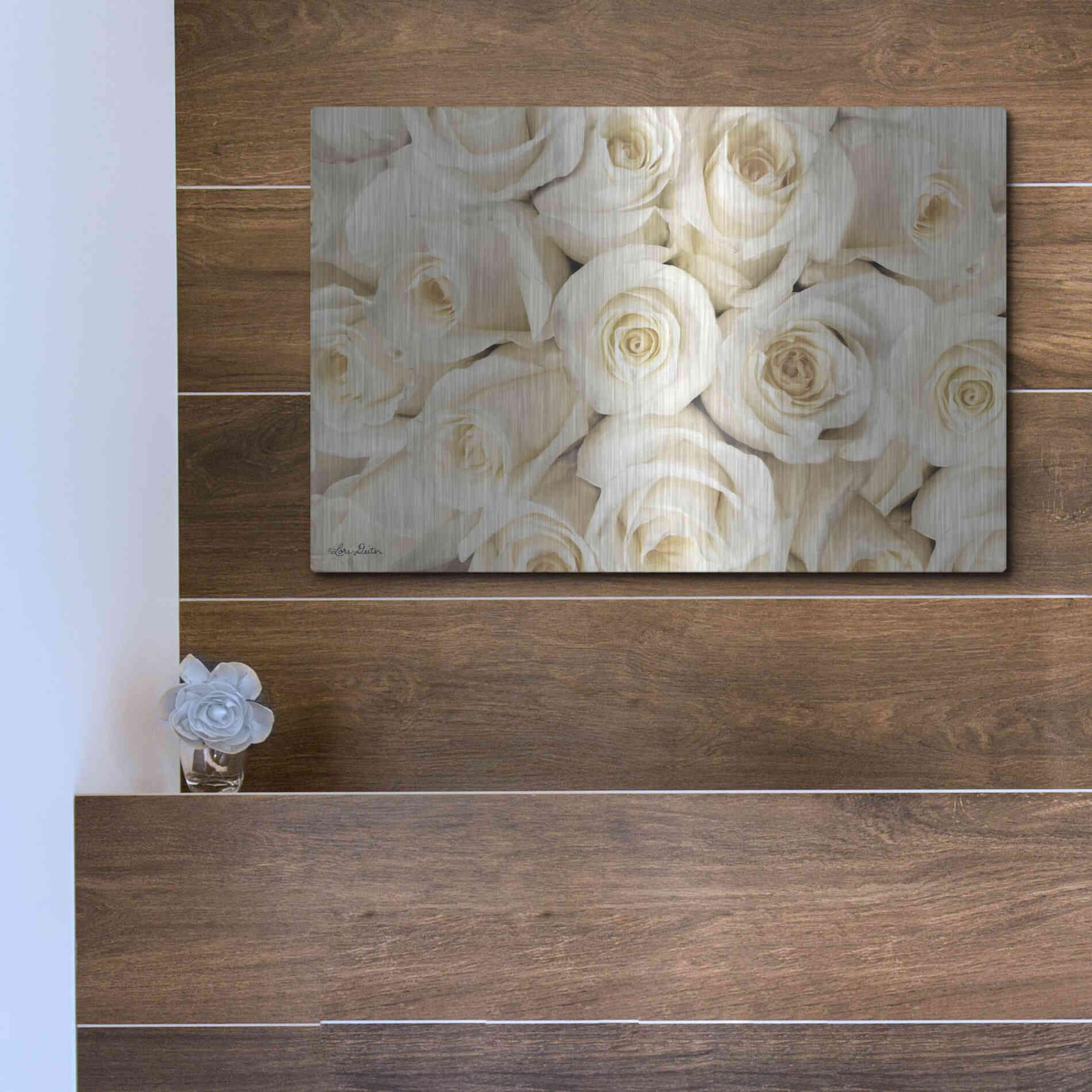 Luxe Metal Art 'Top View - White Roses' by Lori Deiter, Metal Wall Art,16x12