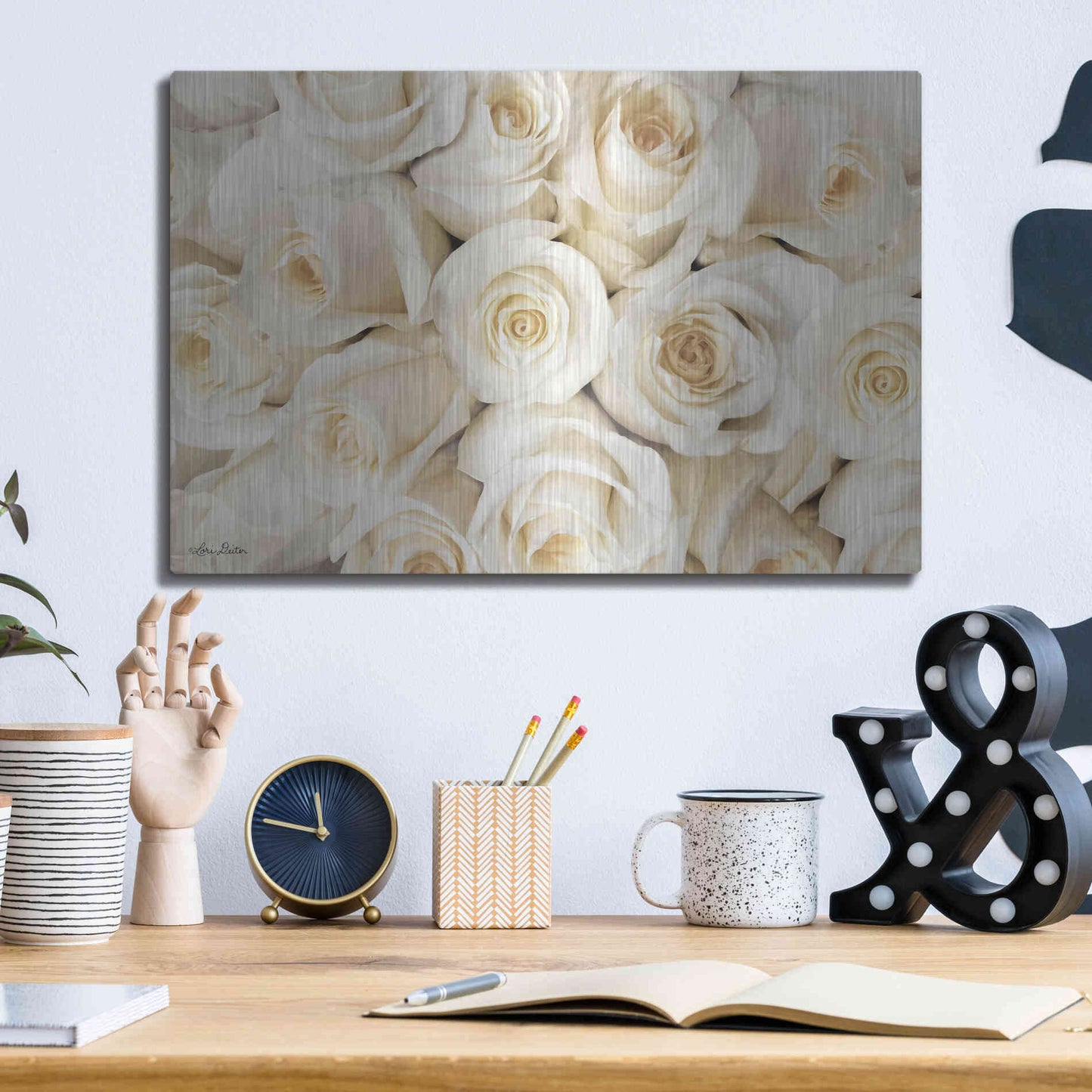 Luxe Metal Art 'Top View - White Roses' by Lori Deiter, Metal Wall Art,16x12