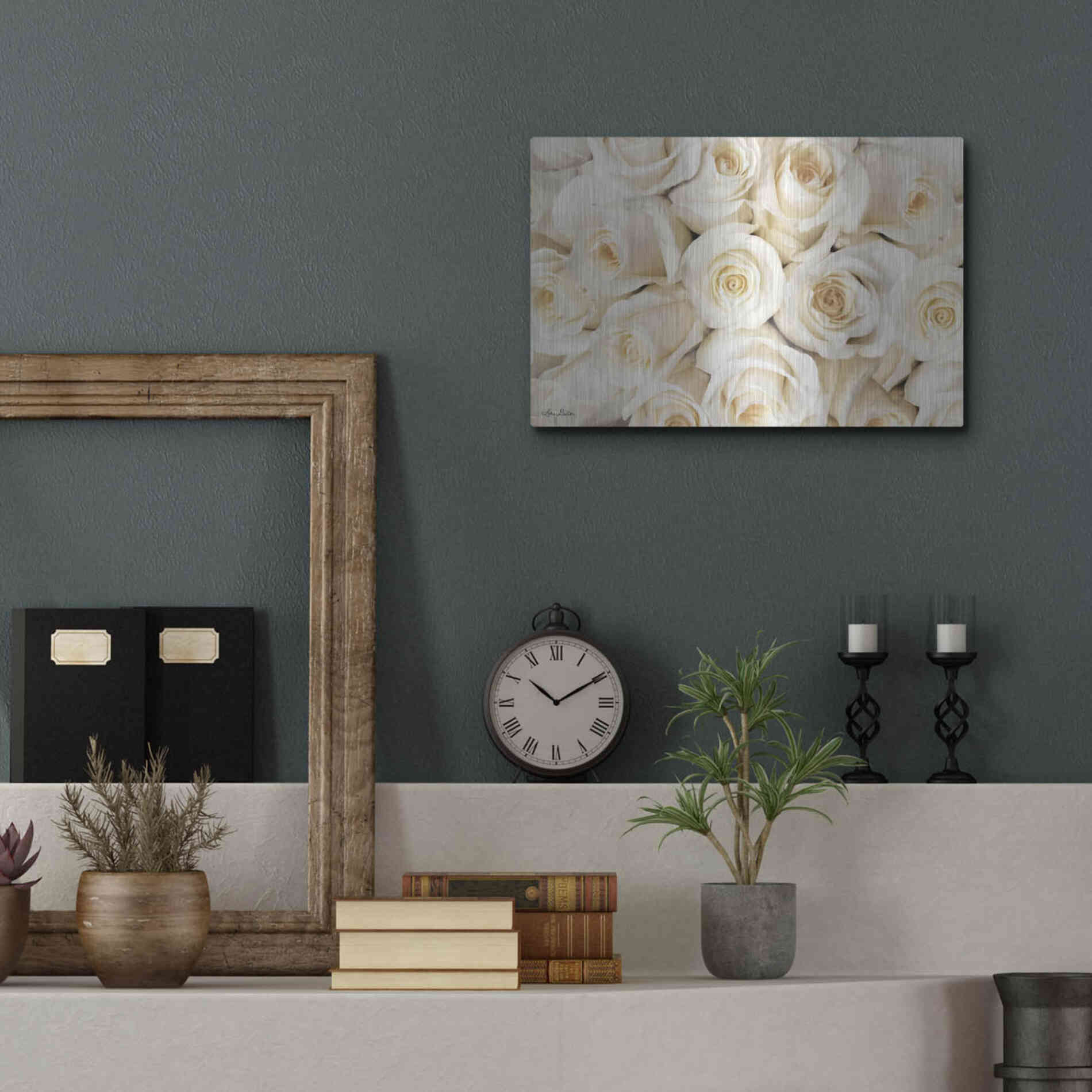 Luxe Metal Art 'Top View - White Roses' by Lori Deiter, Metal Wall Art,16x12