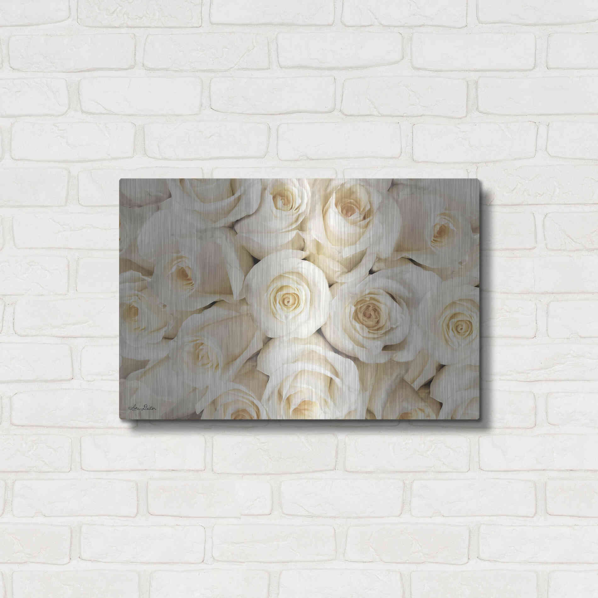 Luxe Metal Art 'Top View - White Roses' by Lori Deiter, Metal Wall Art,24x16
