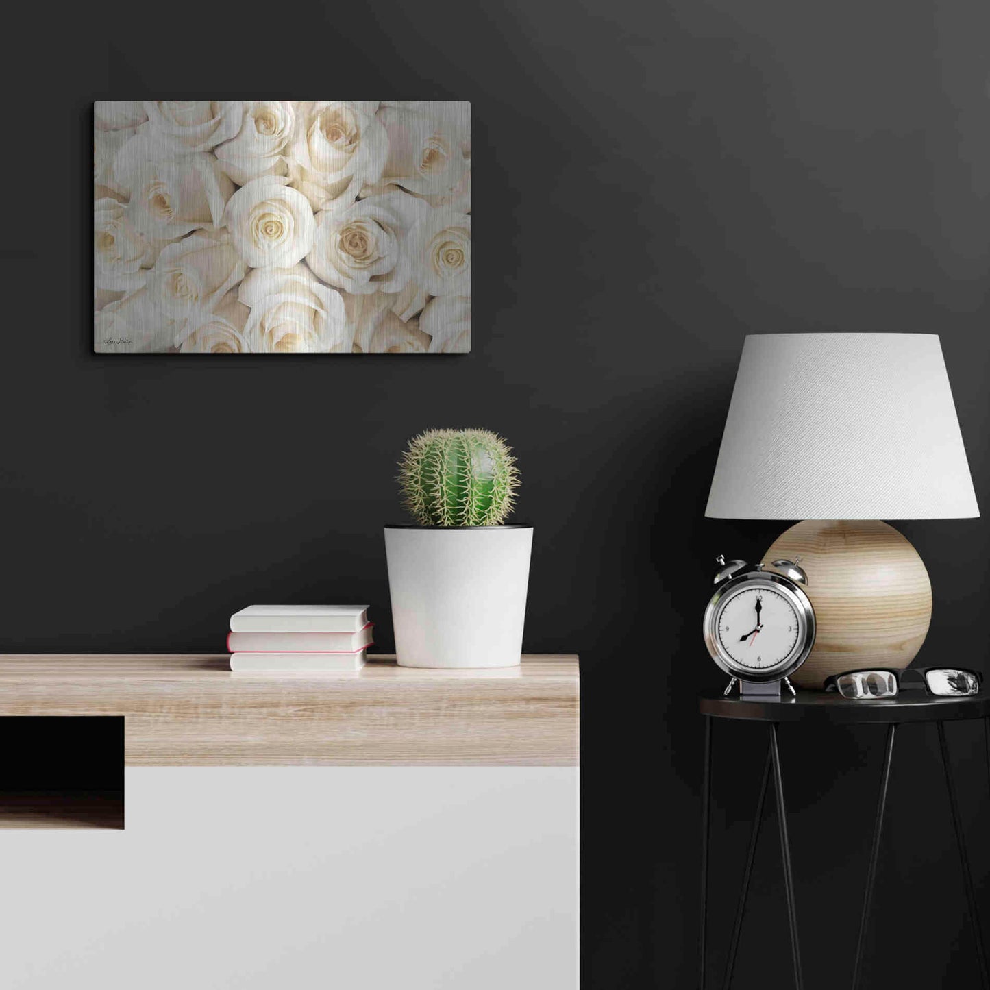 Luxe Metal Art 'Top View - White Roses' by Lori Deiter, Metal Wall Art,24x16