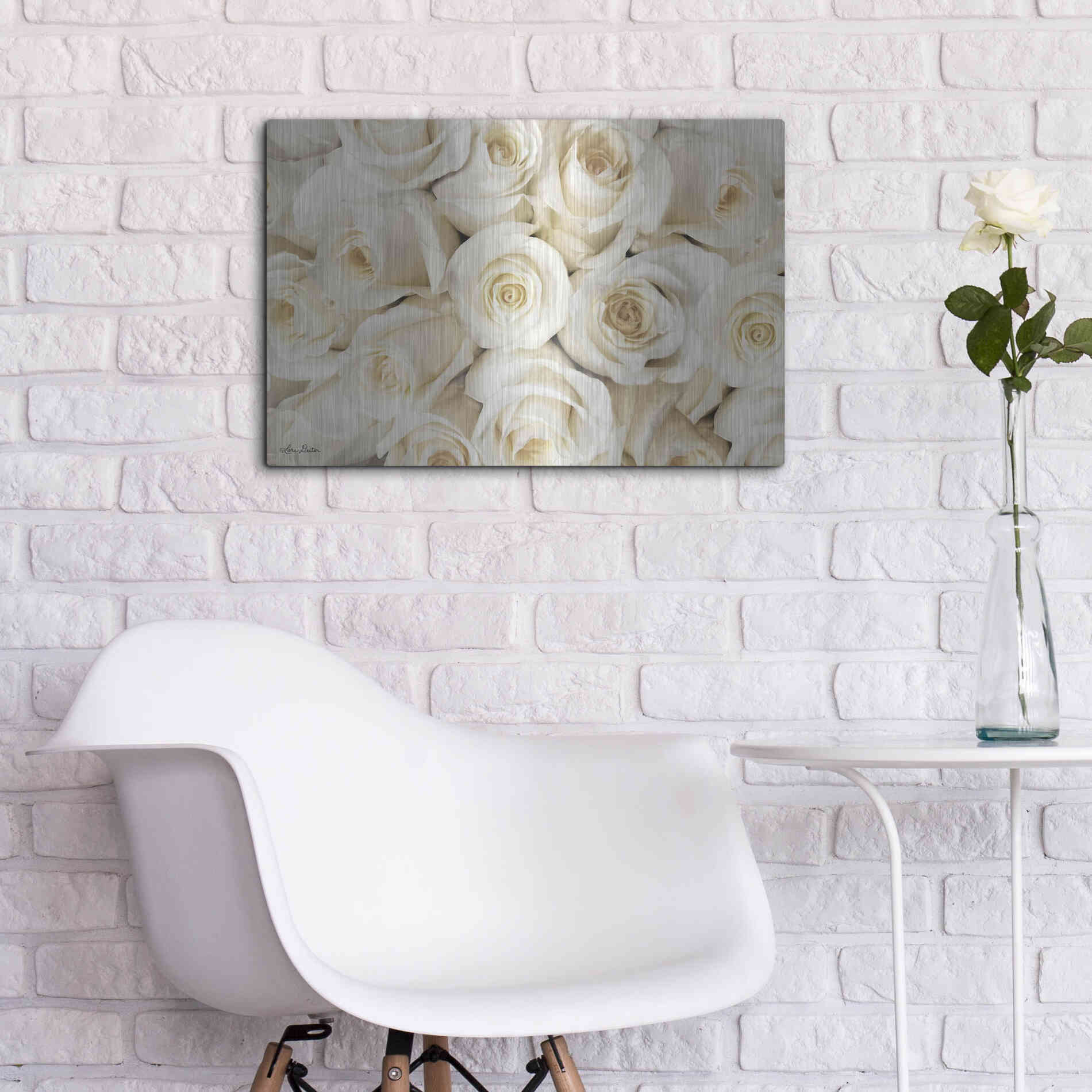 Luxe Metal Art 'Top View - White Roses' by Lori Deiter, Metal Wall Art,24x16