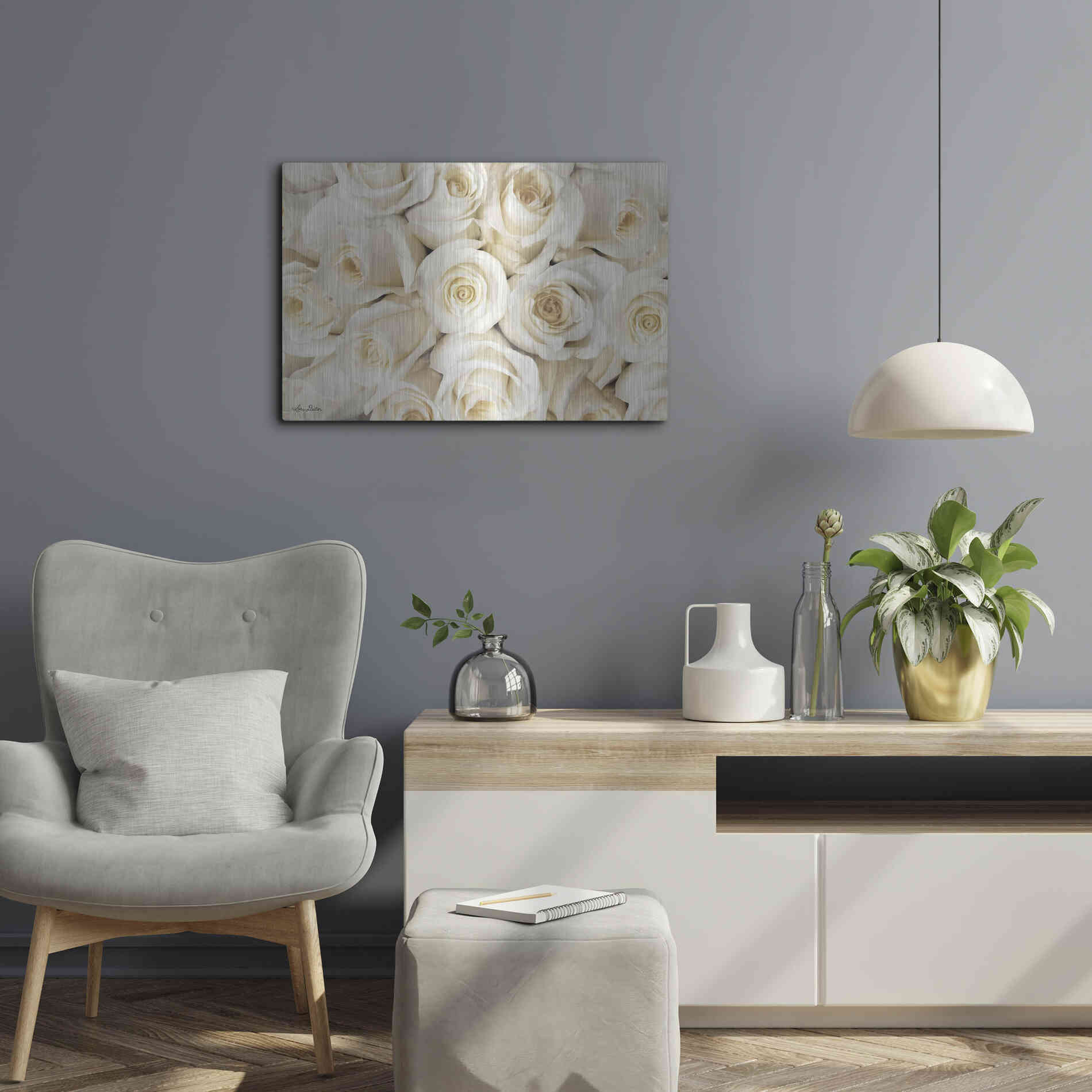 Luxe Metal Art 'Top View - White Roses' by Lori Deiter, Metal Wall Art,24x16