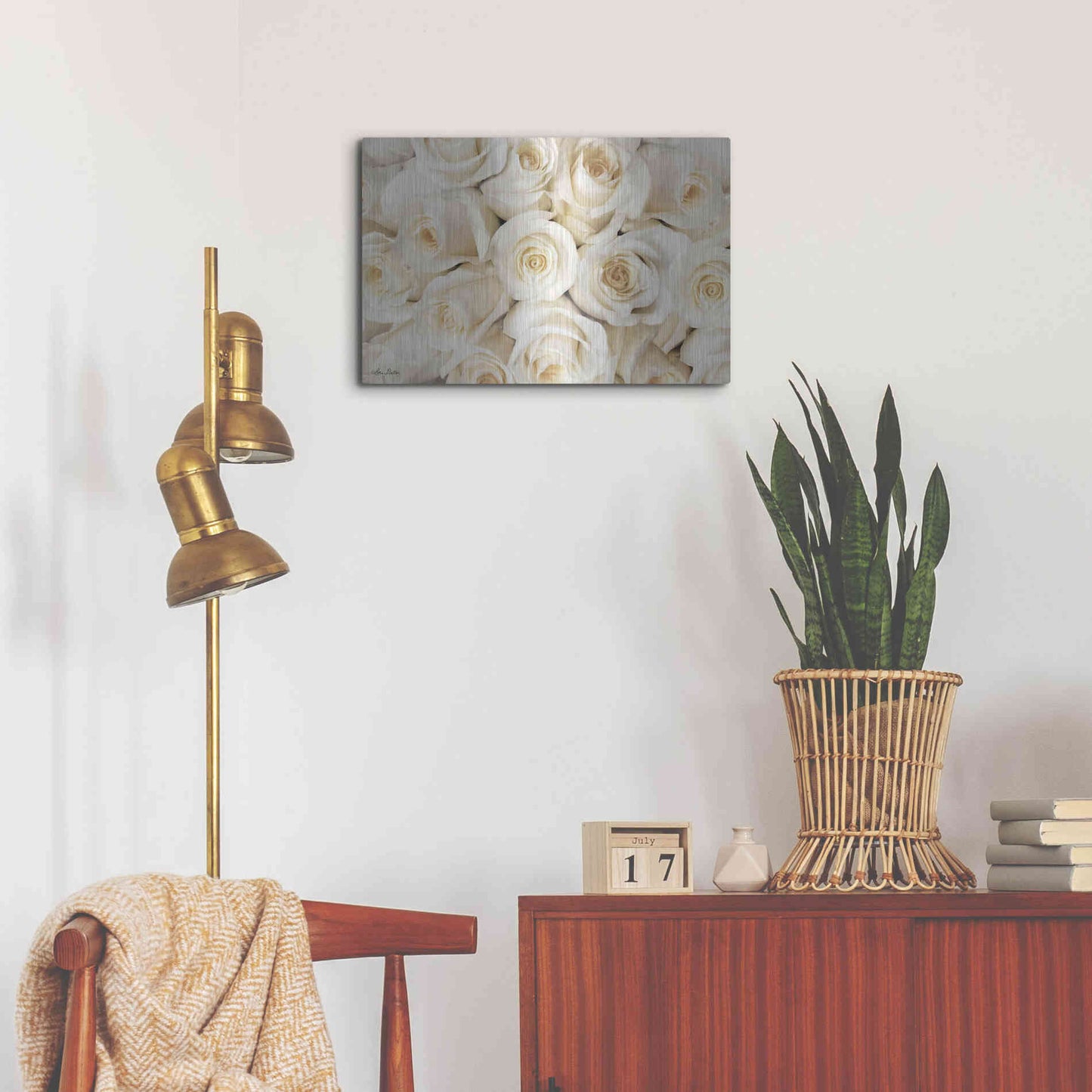 Luxe Metal Art 'Top View - White Roses' by Lori Deiter, Metal Wall Art,24x16
